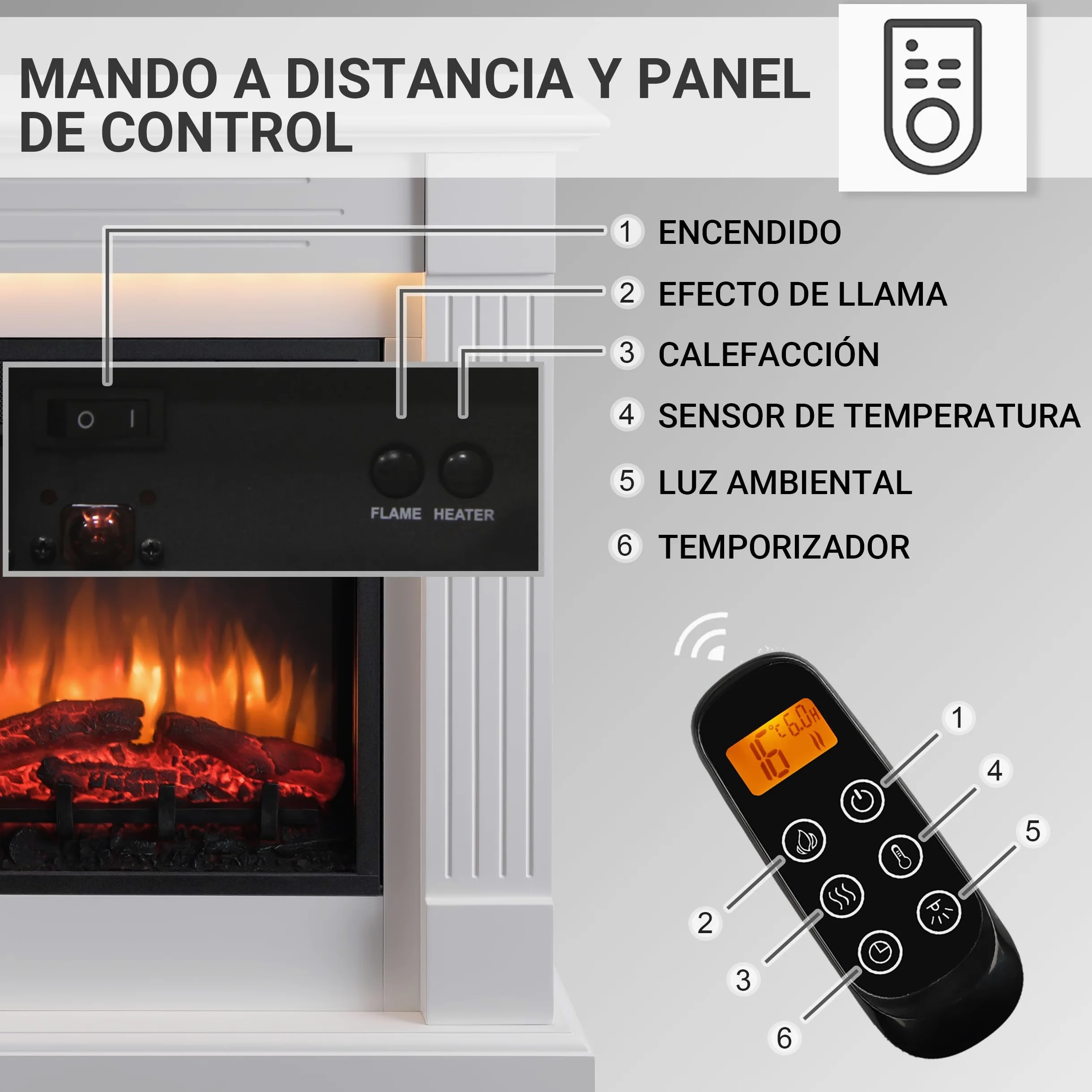 BALDERIA Chimenea eléctrica de pie Ladina, 2000 W, Blanco | Efecto de Llama 3D, Calentador, Calefacción, Iluminación Ambiental LED, Mando a Distancia, Temporizador y termostato