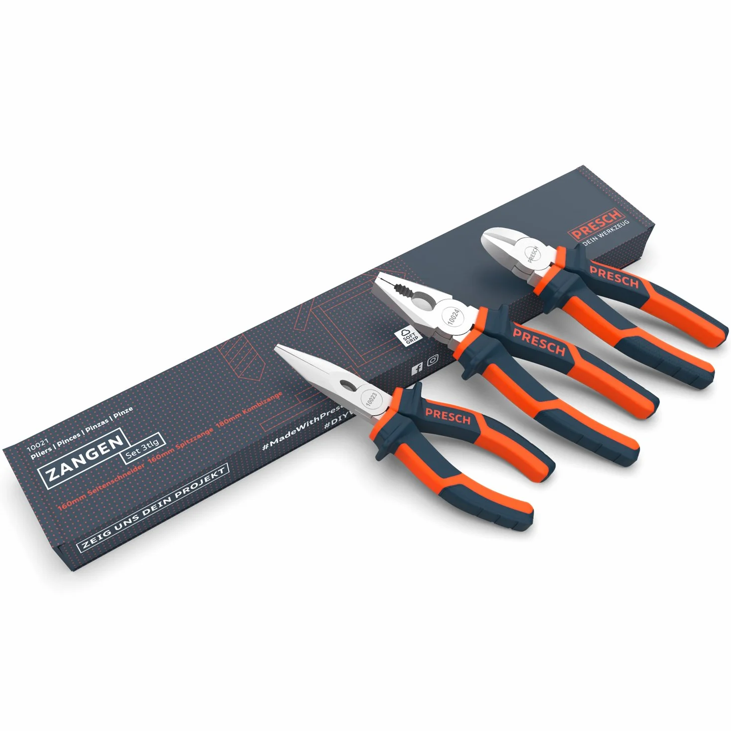 Presch juego 3 alicates - juego de alicates profesionales con alicate de punta, de corte 160 mm y universal 180 mm