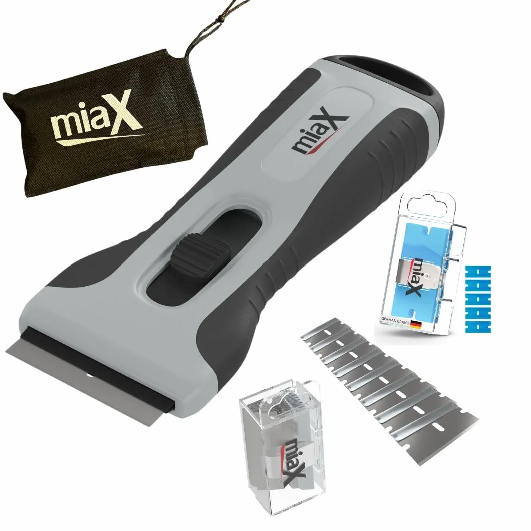 miaX Rasqueta Vitrocerámica con Compartimento y 20 Cuchillas | 15 cuchillas metálicas, 5 cuchillas plásticas, placa de inducción, horno, mango antideslizante
