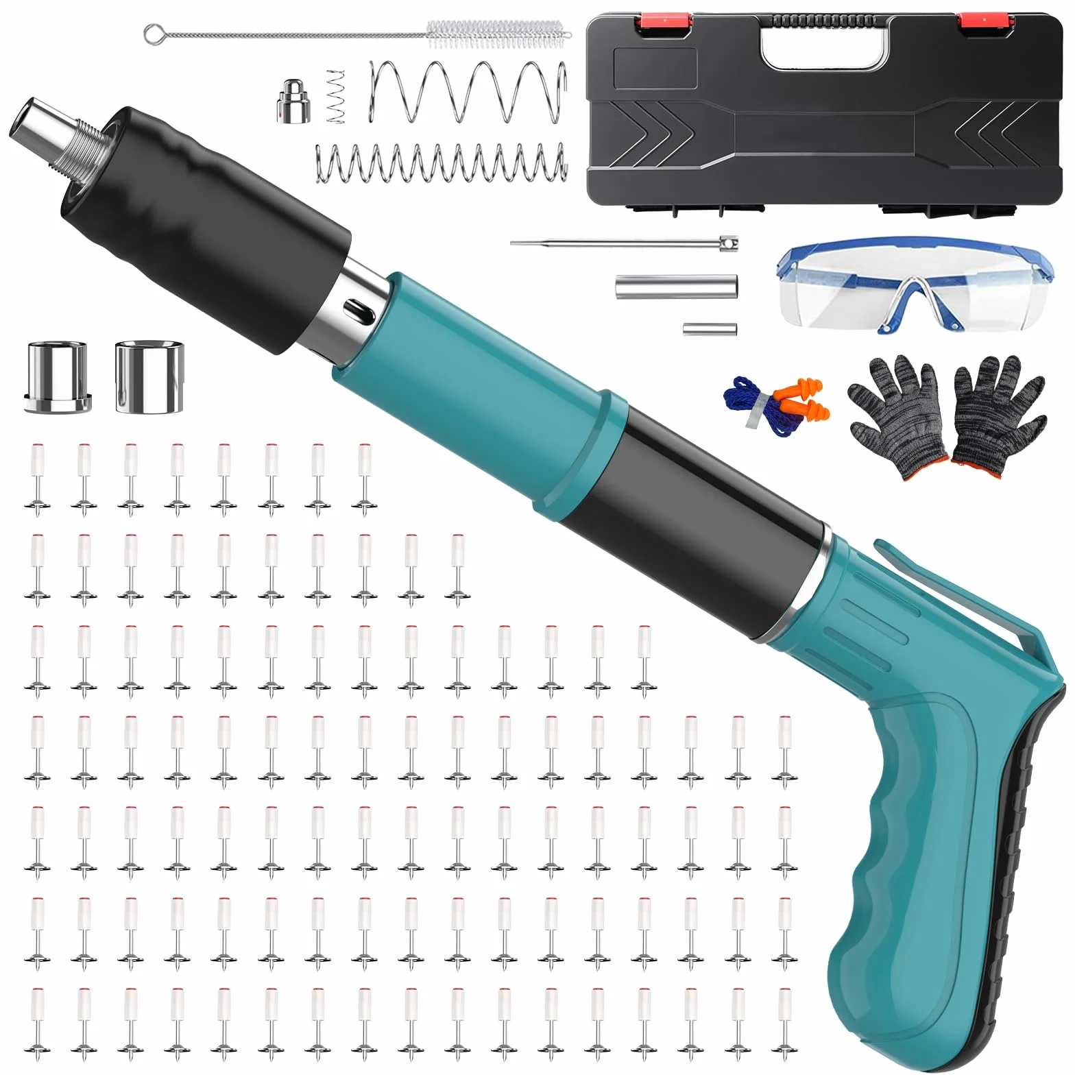 Pistola de clavos manual para hormigón y acero, 5 niveles de ajuste, juego completo de 220 clavos, pistola de clavos mini de mano para montaje en techo/pared (C)