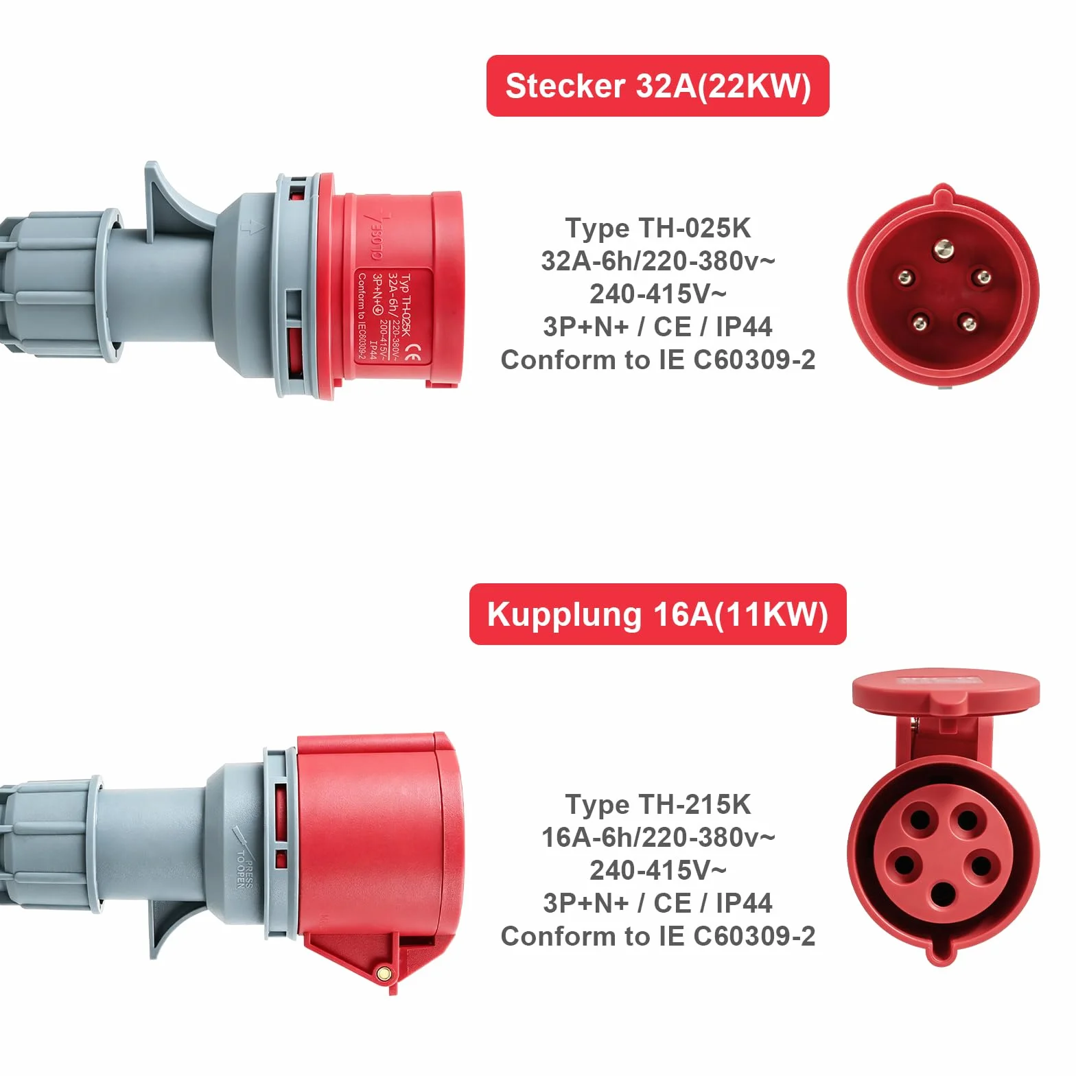 Adapter 32A a 16A, CEE Adapter 32A Stecker auf 16A Kupplung, Starkstrom Adapter 3 Fases con VED 0,5m, Núcleo de cobre 5x2,5mm², 415V máx, IP44 para industria, hogar y carga de vehículos eléctricos
