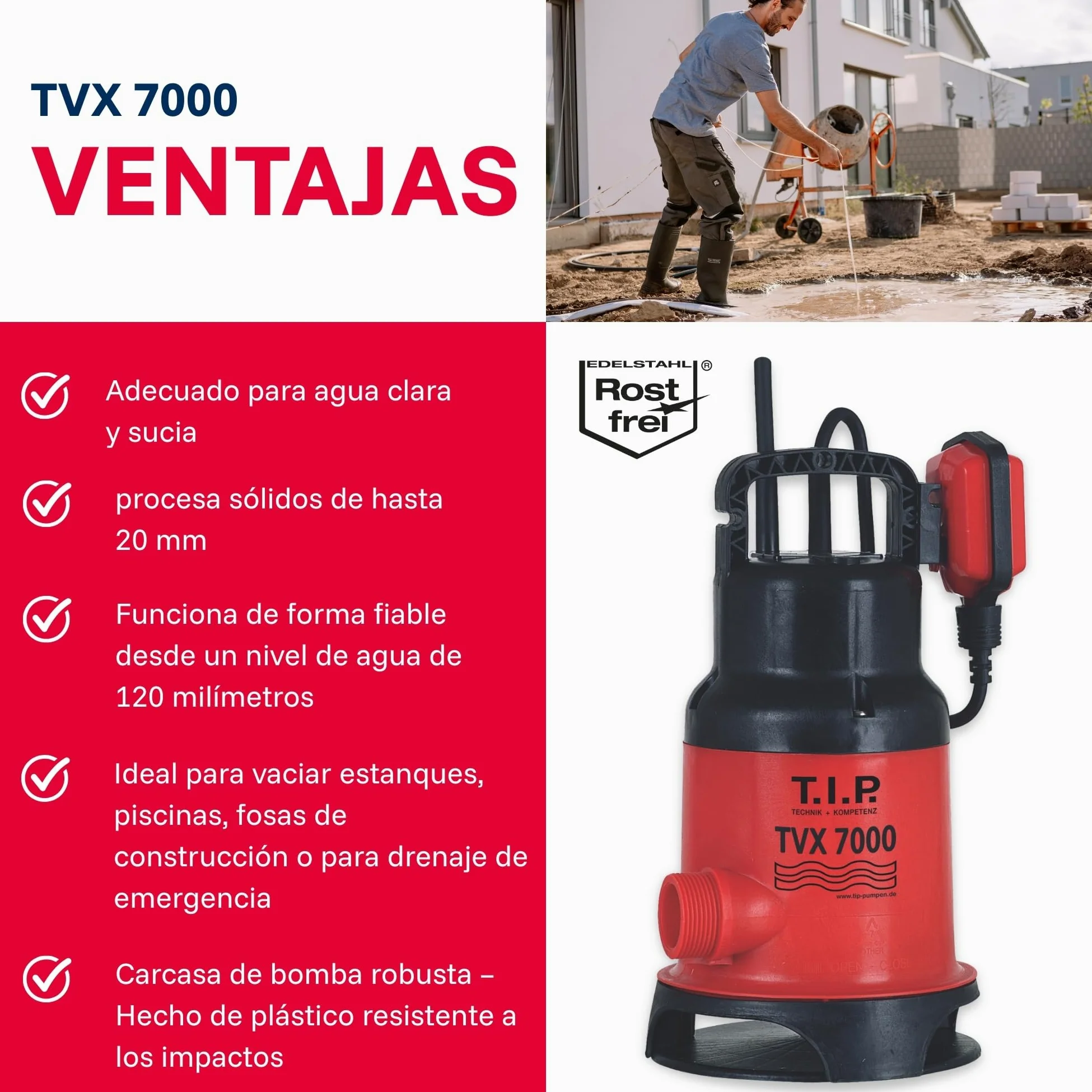 T.I.P. 30268 Bomba de inmersión para aguas residuales TVX 7000