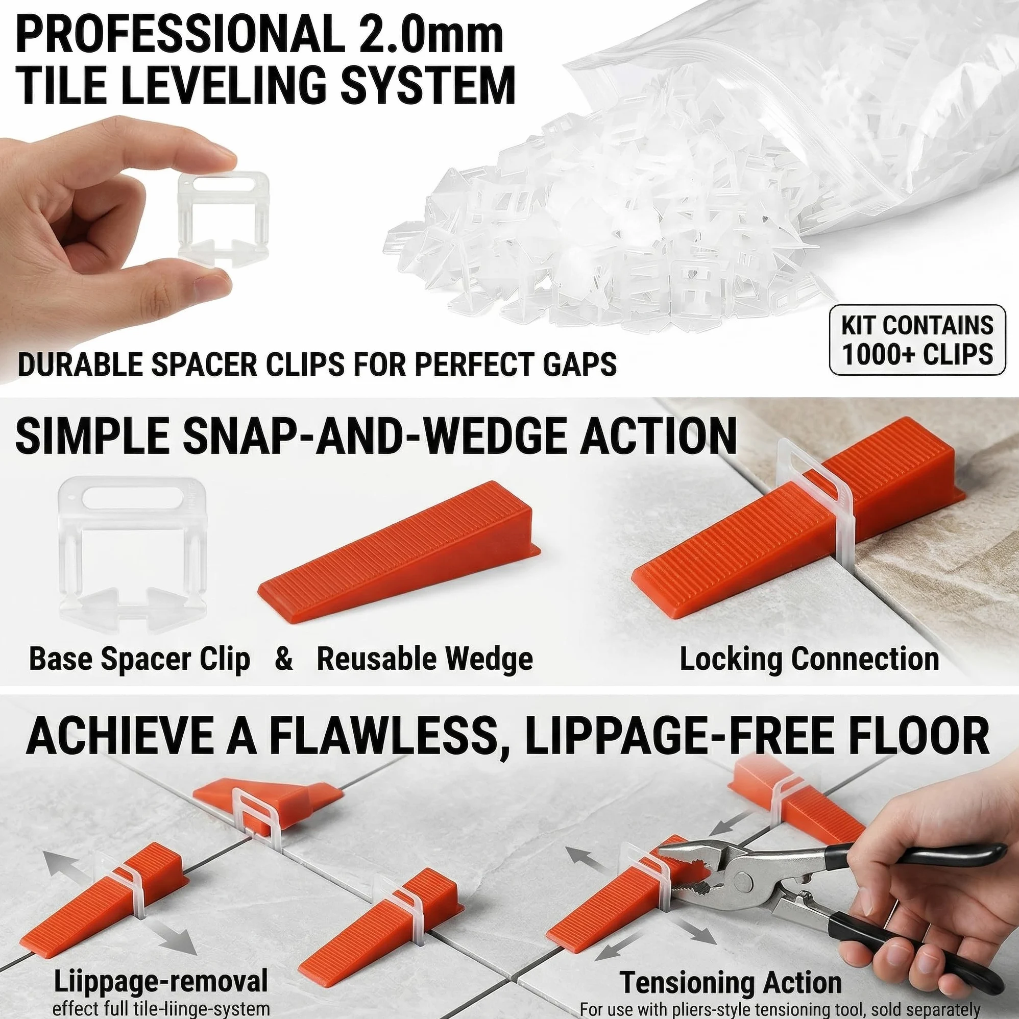 Sistema de Nivelación para Azulejos 600 Unidades, Herramienta de Nivelación para Cerámica, Cuñas para Azulejos y Base para Colocar Azulejos, Reutilizable, para Suelo y Paredes 2.0mm