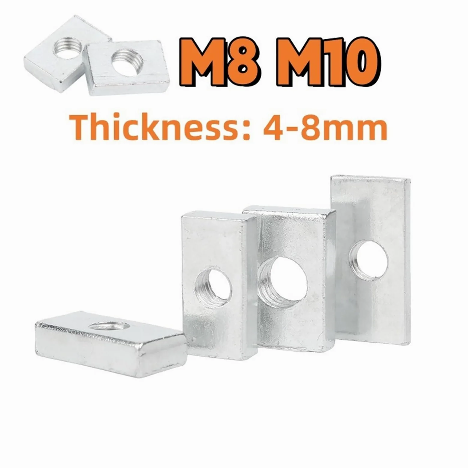 Tuercas cuadradas, Bloque Deslizante cuadrangular galvanizado de Acero al Carbono M8 M10 (5/10 Piezas)(M8x15x20x4)