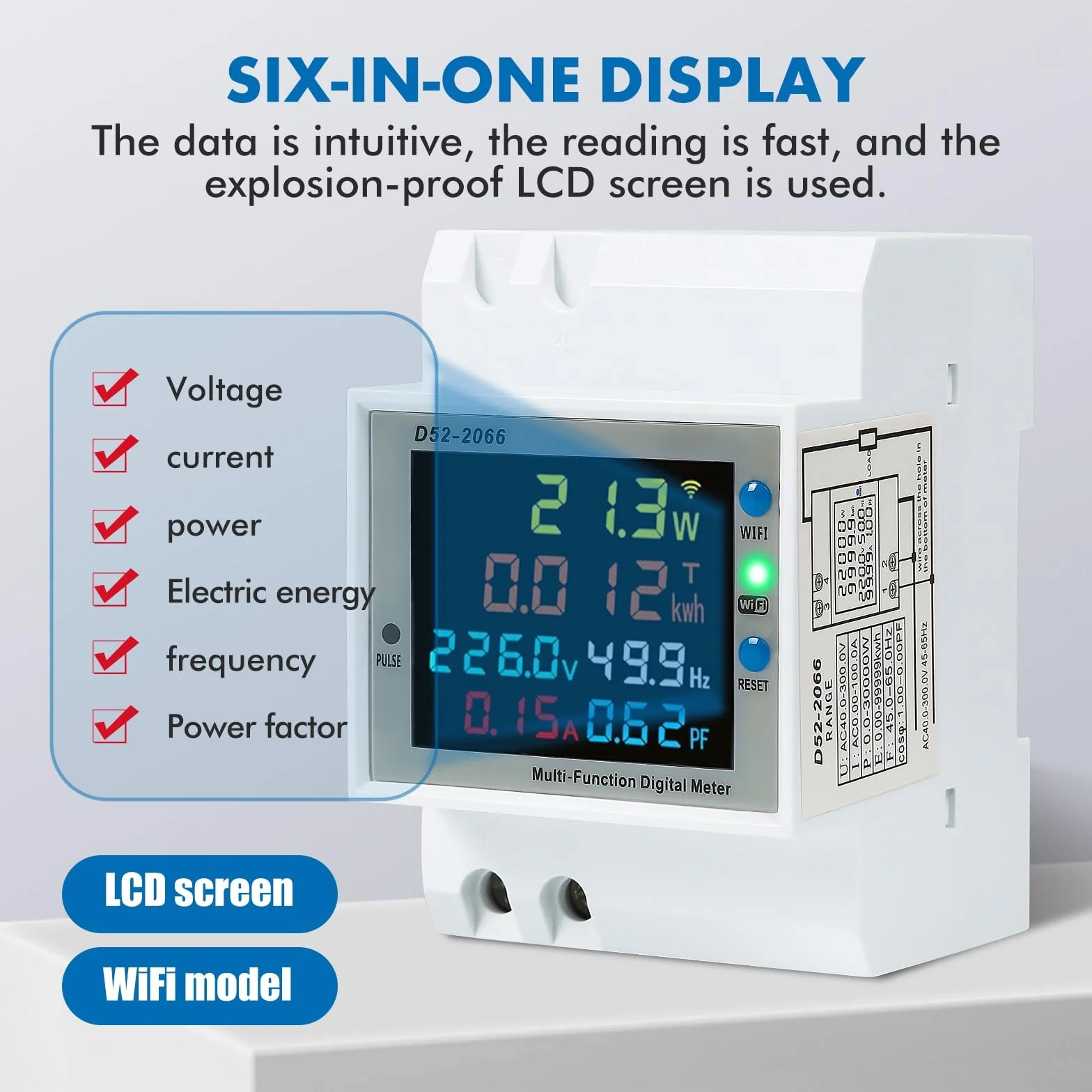 DEWIN Medidor de Consumo Electrico WiFi, AC 40-300V 100A 6 en 1 Contador Electrico Medidor de Electricidad Digital Contador de Energía Monofásico (WiFi)