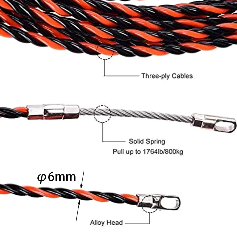 25m Guía pasacables, Kit de Enhebrado de Cables, Cinta de Pescado, Color Rojo y Negro, Tamaño 6 mm x 25 m