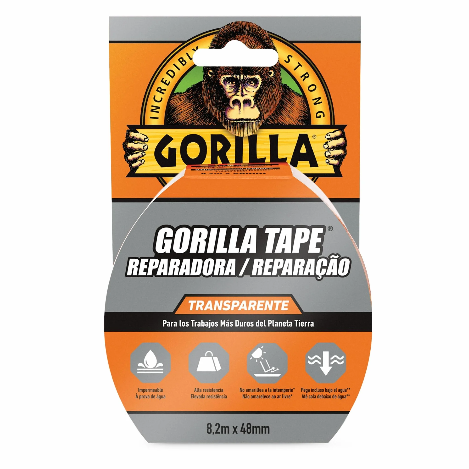 Gorilla Tape – Cinta Americana Transparente, 8,2m x 48mm | Pega Incluso Bajo al Agua | Alta Resistencia y Flexible | No Amarillea a la Intemperie