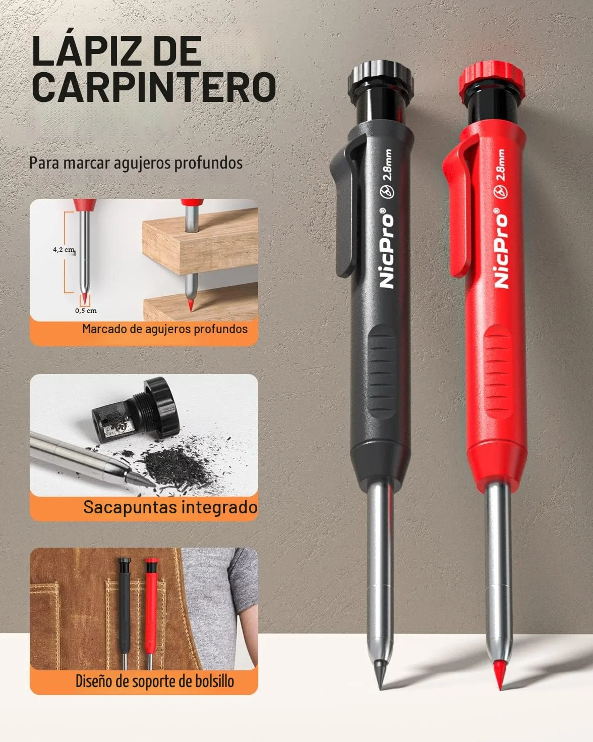 Nicpro 15 Piezas Lápices de Carpintero con Sacapuntas y Estuche, Lápices Mecánico con 40 Recambios, Perforadora Central Automática y Herramienta de Trazado Carburo, Portaminas Resistentes