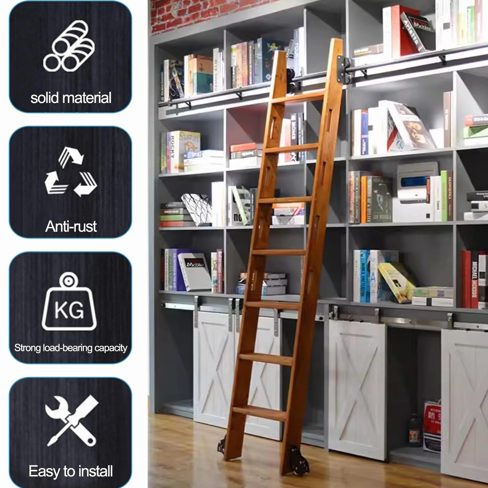 Kit de Accesorios para Escalera Deslizante, Juego Completo de rieles de Escalera móvil de Tubo Redondo de Acero Negro, Kit de Escalera de Biblioteca rodante de 3,3 pies a 24 pies con Rodillo