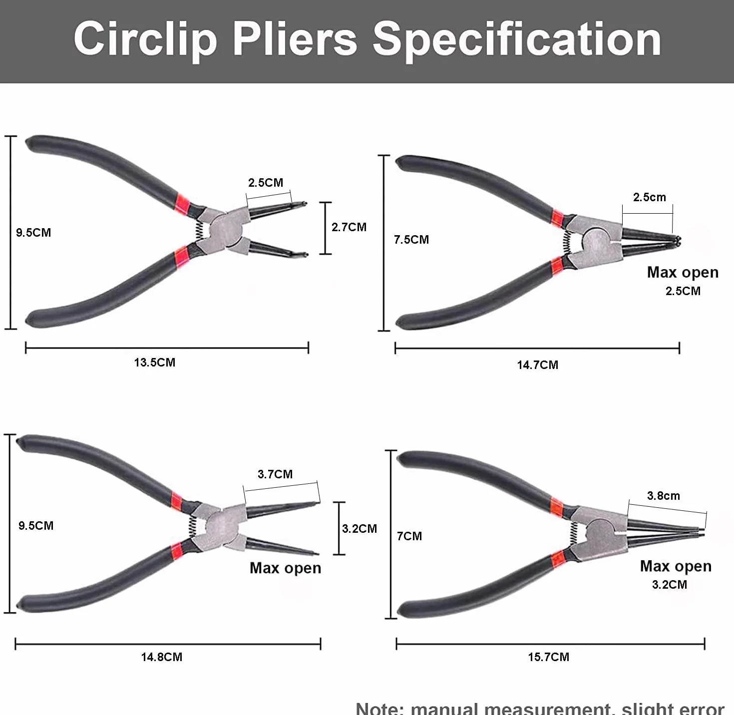 Juego de 4 Alicates Circlip 150mm 6 pulgadas Profesionales Alicates para Anillos Arandelas de Presión Recto Curvados Internos y Externos Mangos Antideslizantes con Bolsa de Almacenamiento