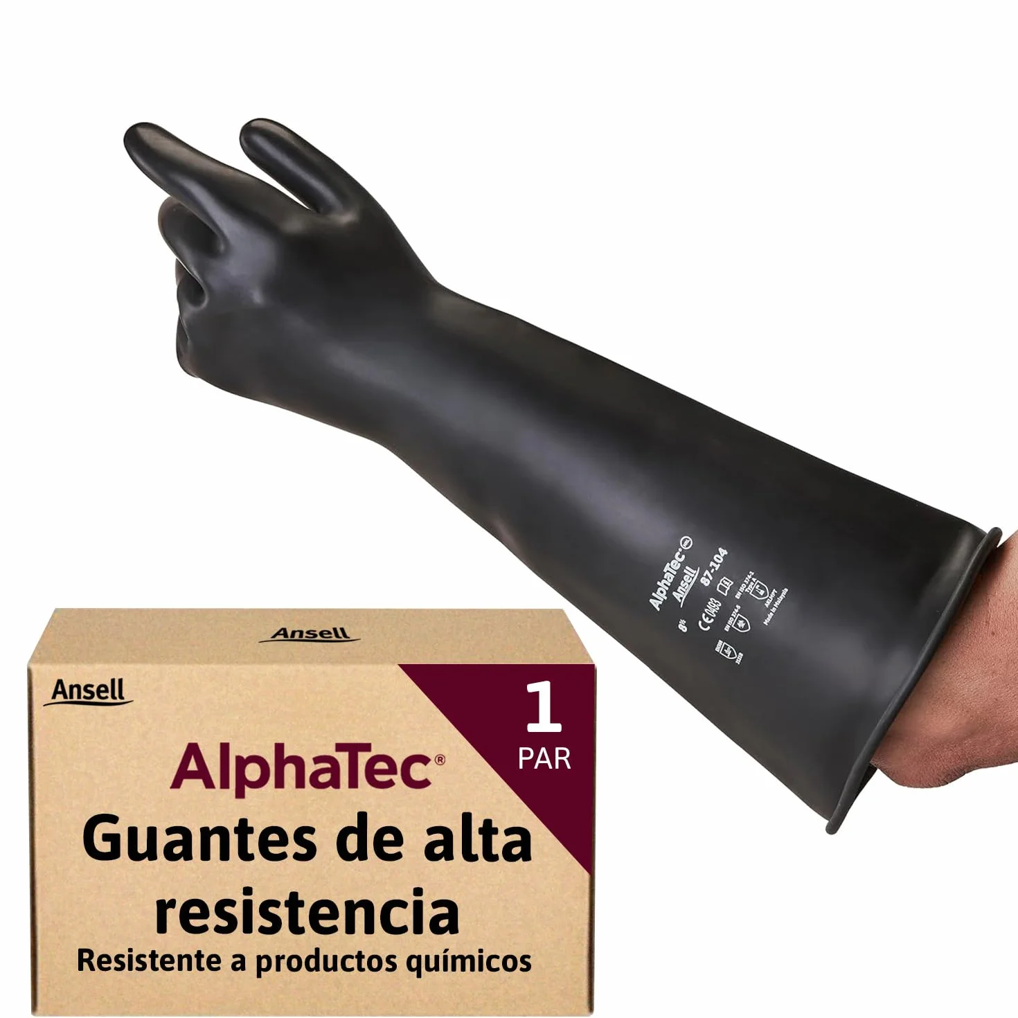 Ansell Guantes de látex de protección química AlphaTec 87-104, guantes de protección para las industrias mecánica y química, buena flexibilidad y elasticidad, 1 par, talla 8.5 (M)