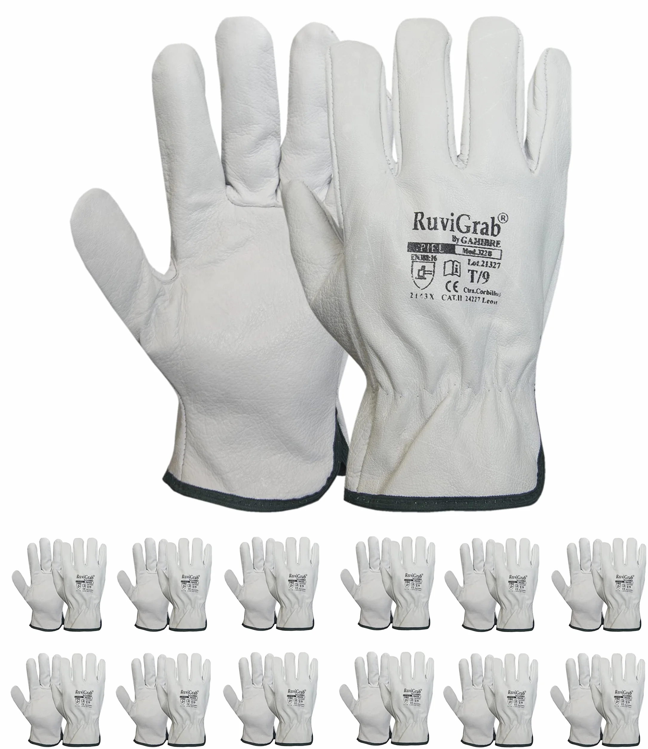 Ruvigrab - Pack 12 pares - Guante de Trabajo de Piel de Flor Natural - Guantes para Jardinería - Guantes de Cuero - Guantes de Piel para Obra