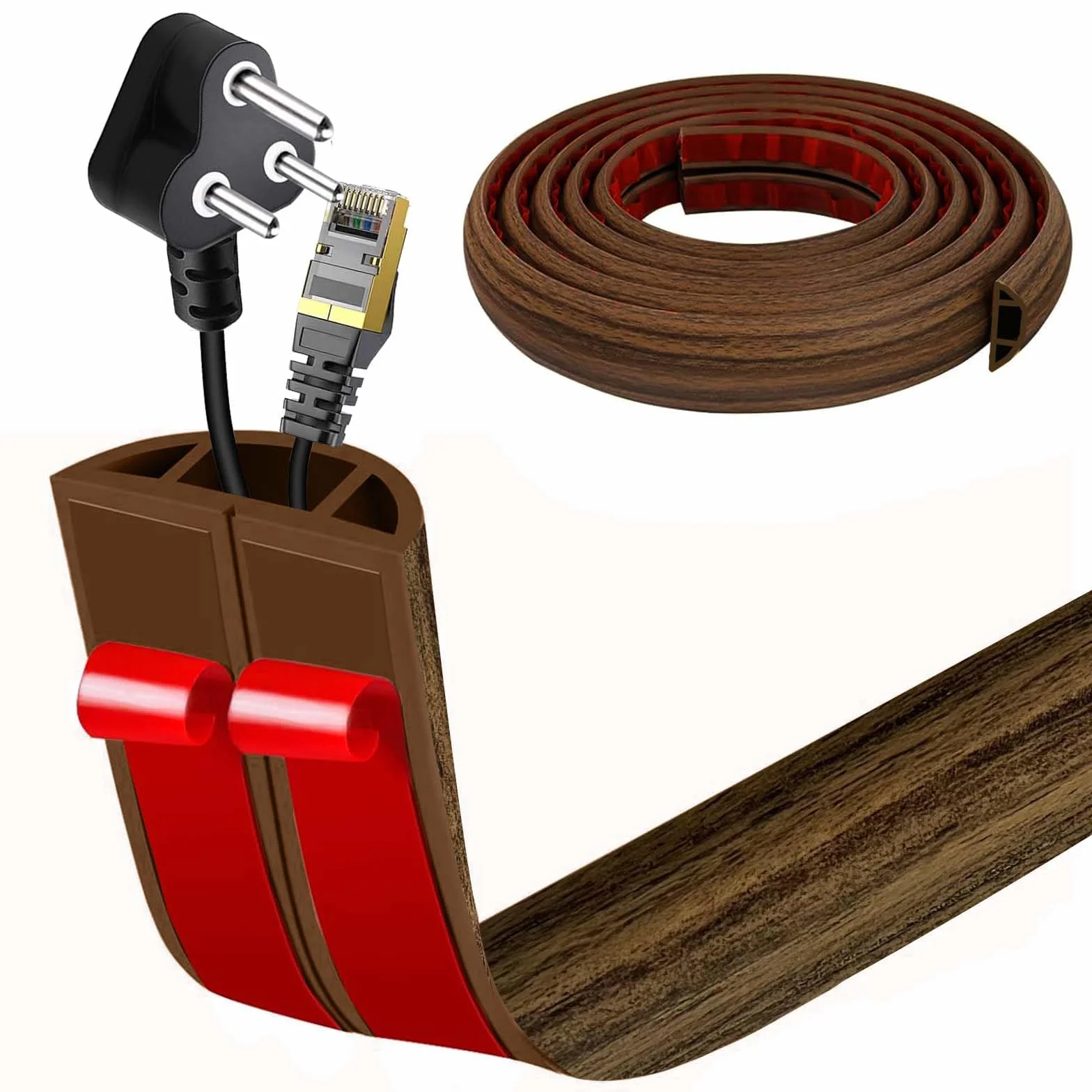 Pasacables Suelo, Canaleta Cables Suelo, canaletas para Cables Adhesivas, Cubiertas de Suelo para Cables Autoadhesiva Montaje para Todos los Hogar, Oficina (Madera ahumada, 3cm x 1m)