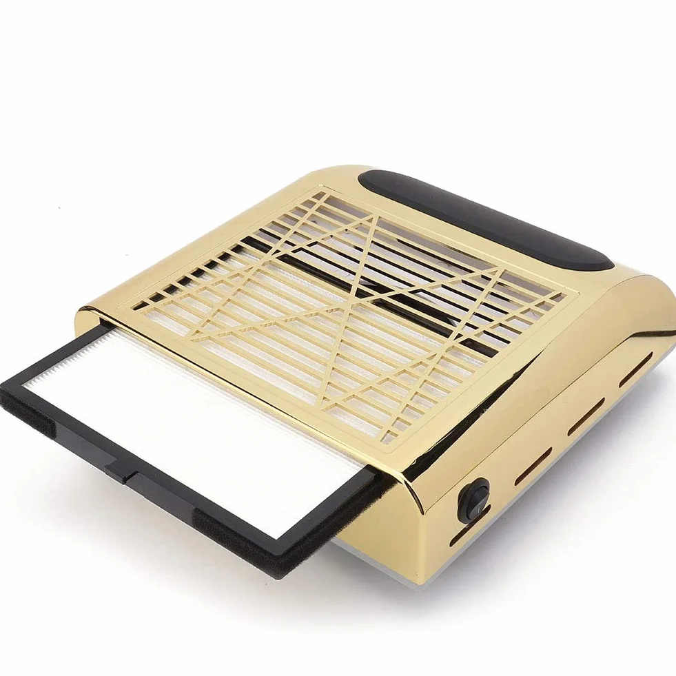 【𝐏𝐚𝐬𝐜𝐮𝐚】 Colector de Polvo de uñas, Herramienta de manicura de aspiradora de Arte de uñas de succión Fuerte de 80W 100-240V(EU Plug-Oro)