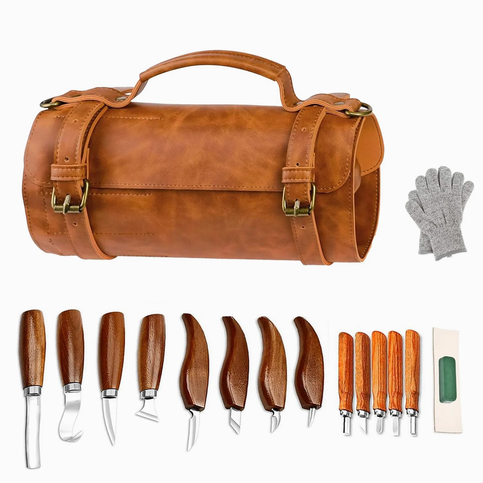 Juego de 17 piezas para tallar madera con funda de piel, juego de cuchillos para tallar para principiantes y profesionales, cuchillo para tallar y tallar madera, herramienta completa para tallar