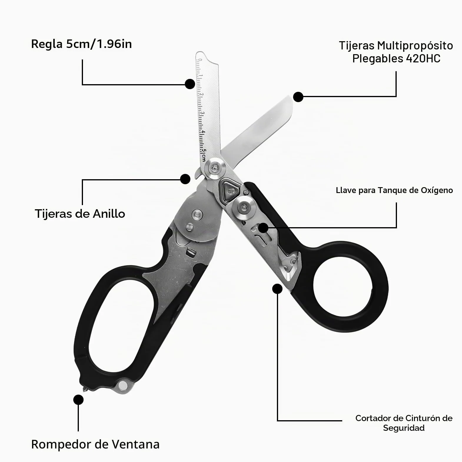 Raptor Response - Tijeras de rescate multifunción con 6 funciones, pinzas plegables de acero inoxidable, tijeras para traumatismos