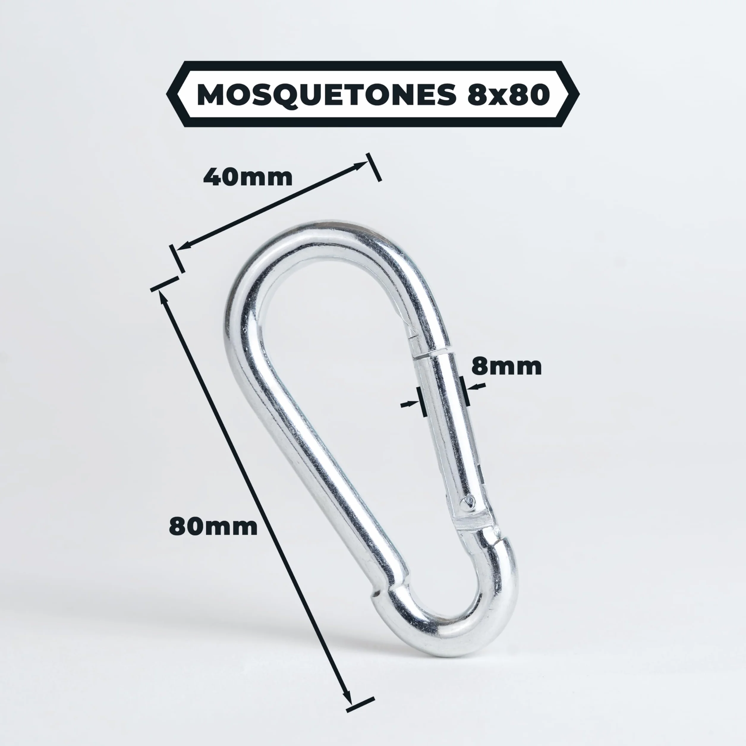 Mosquetones pequeños | 5x50 | 6x60 | 8x80 | Acero Cincado | 6, 12, 50 o 100 uds | Cierre de Resorte | Bolsa o Caja | Mosquetones rapidos