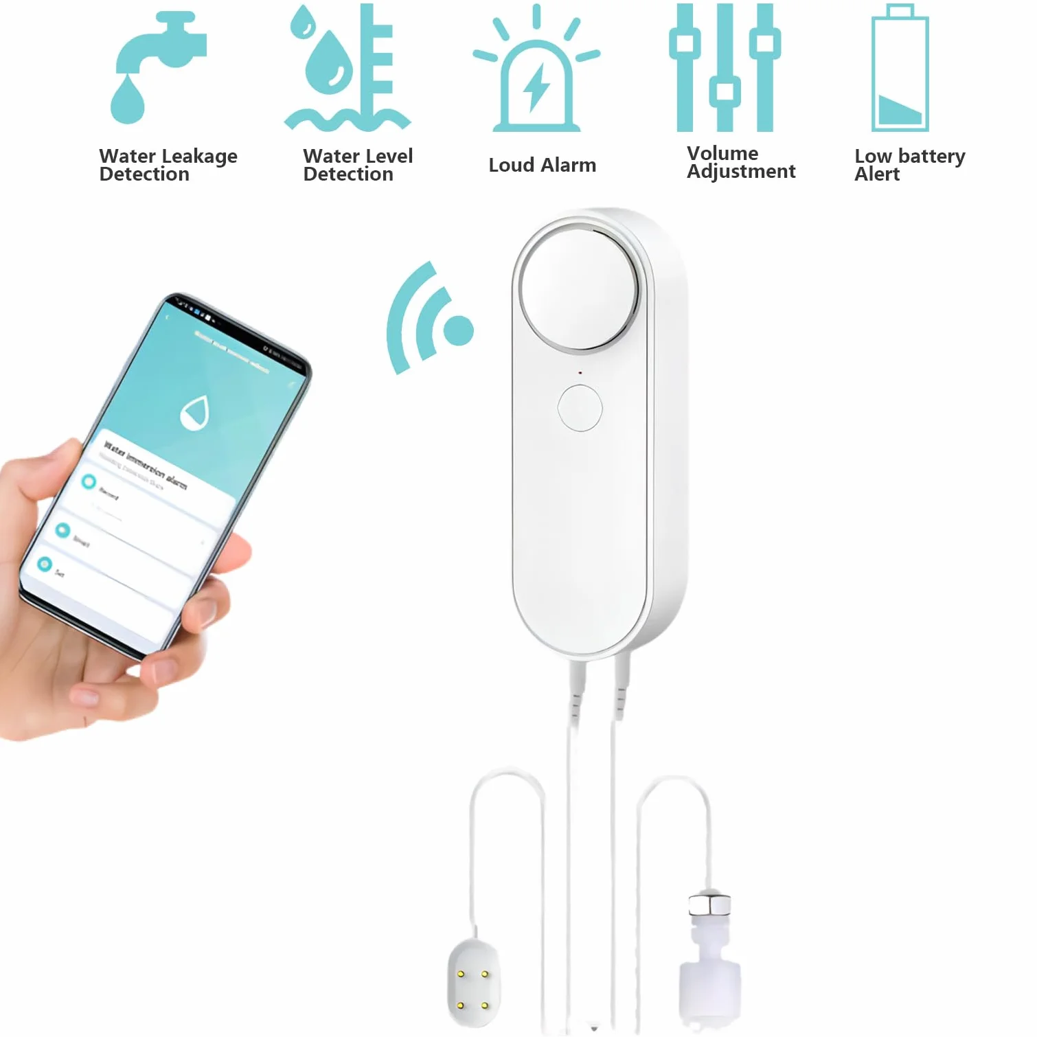Mengshen Detector WiFi de Fuga de Agua y Nivel de Agua, 2 en 1 Tuya Smart Alarm Alerta App de Volumen Alto con 6.5 pies de línea de detección para peceras y acuarios