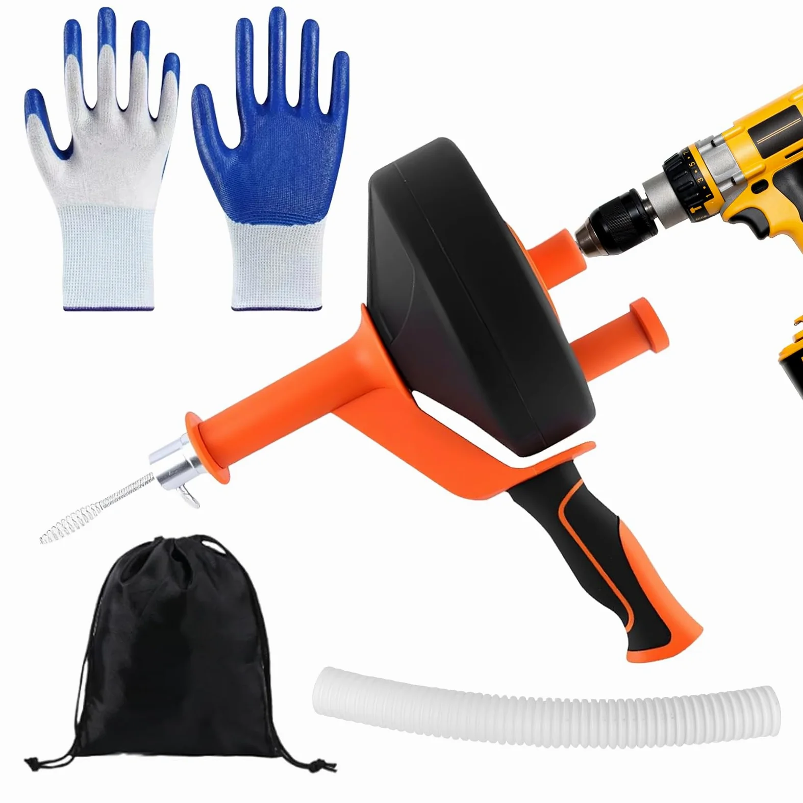 Espiral de limpieza de tuberías de 13 m, desatascador de desagües en espiral, máquina de limpieza de tuberías ideal con guantes impermeables para cocina, lavabo, ducha y bañera