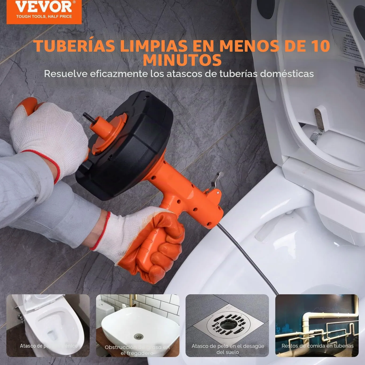 VEVOR Espiral de Limpieza de Tuberías 0,63x76,2 cm Cable de Acero de Resorte Limpiador de Drenaje de Alimentación Automática de Limpieza de Tuberías Limpiador de tuberías para Inodoros, Cocina, Baño