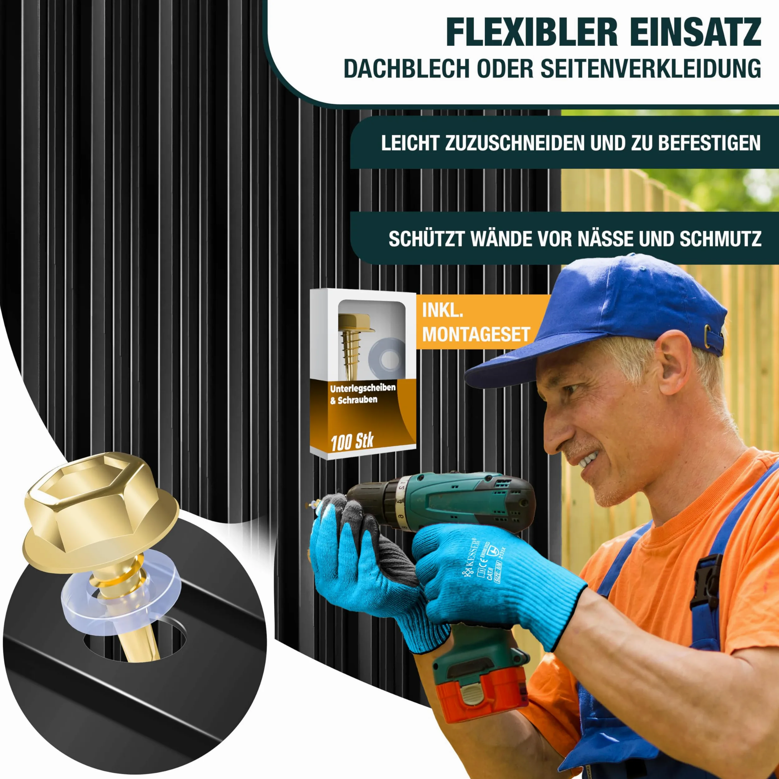 KESSER Chapa trapezoidal de 7 m², 12 unidades, para cobertizo, placas de techo de acero galvanizado de 0,25 mm, incluye guantes de montaje (negro, 110 x 46 cm/14 unidades)
