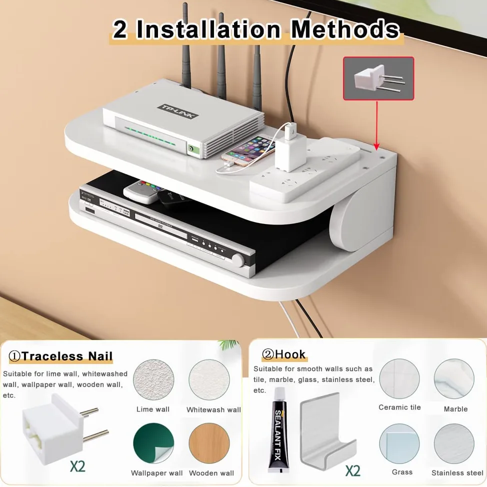Caja de almacenamiento para enrutador WiFi Estantes flotantes TV Set-Top Rack, montado en la pared Multi-capa de gestión de cables Estante de almacenamiento para decoración de pared (jl01,blanco)
