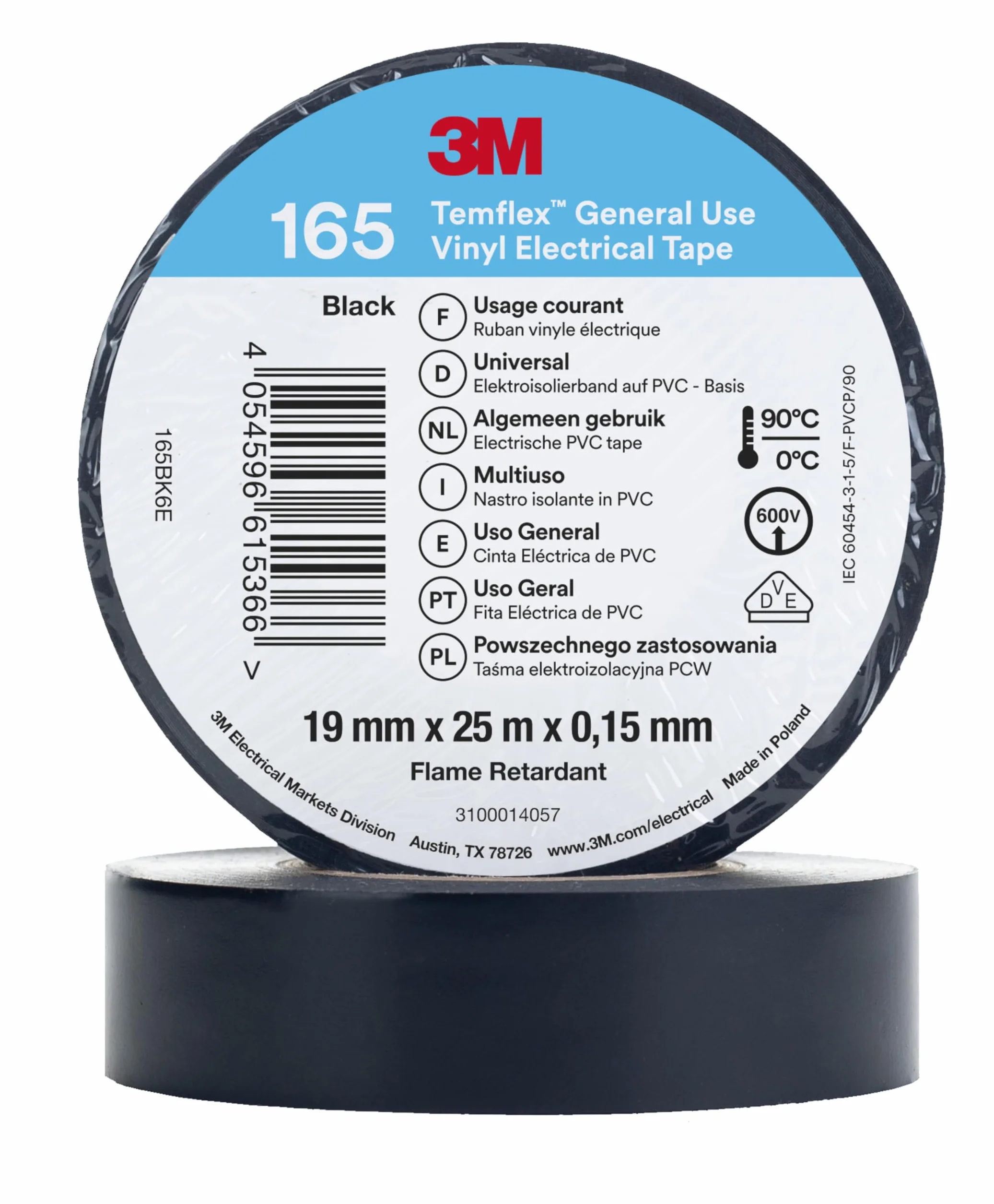 Temflex 3M Cinta eléctrica de vinilo 165, color negro, 19 mm x 25 m, 10 rollos