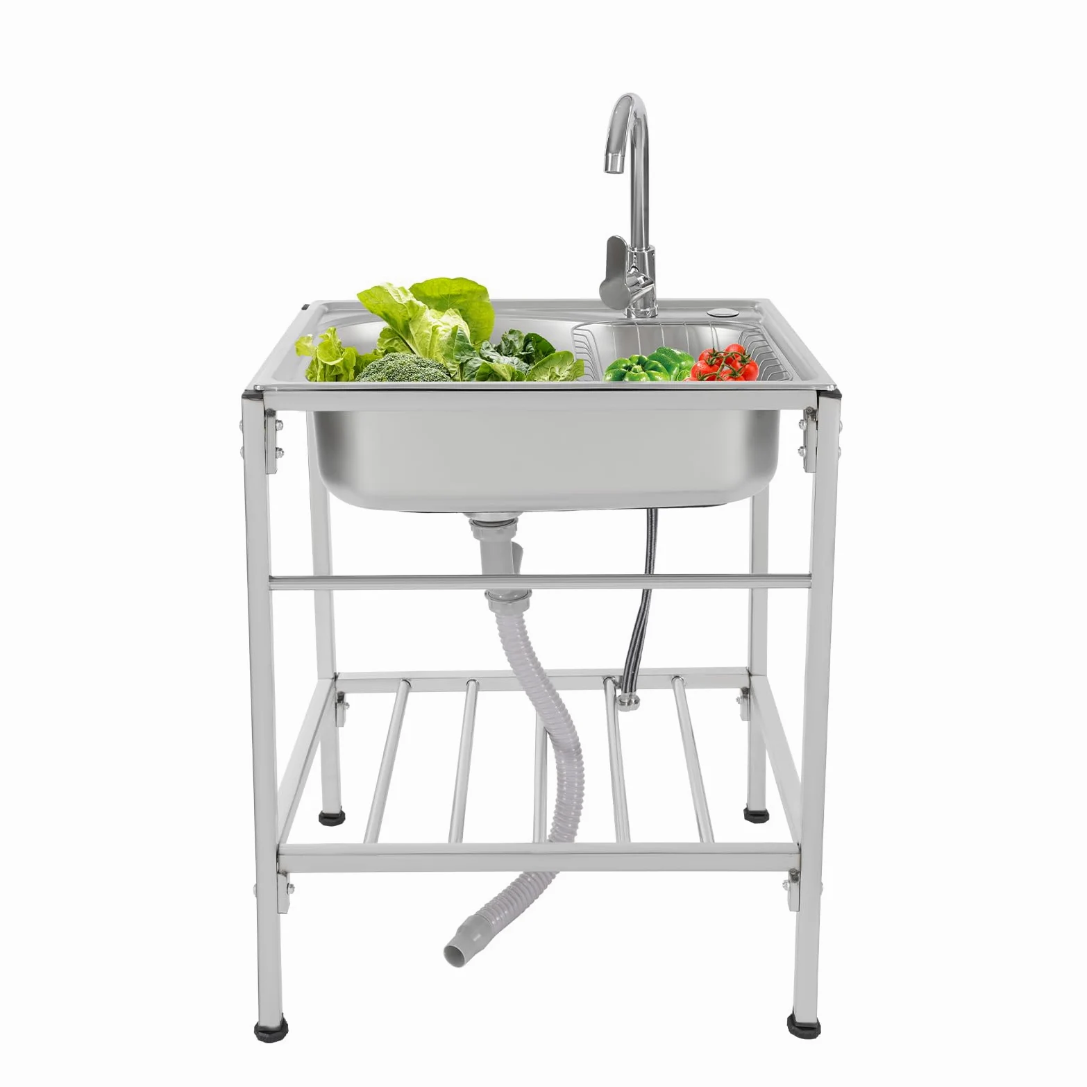 Fregadero de acero inoxidable con cesta, fregadero independiente, multifuncional, pequeño fregadero independiente con grifo, adecuado para lavar ollas, estufas, ingredientes y otros