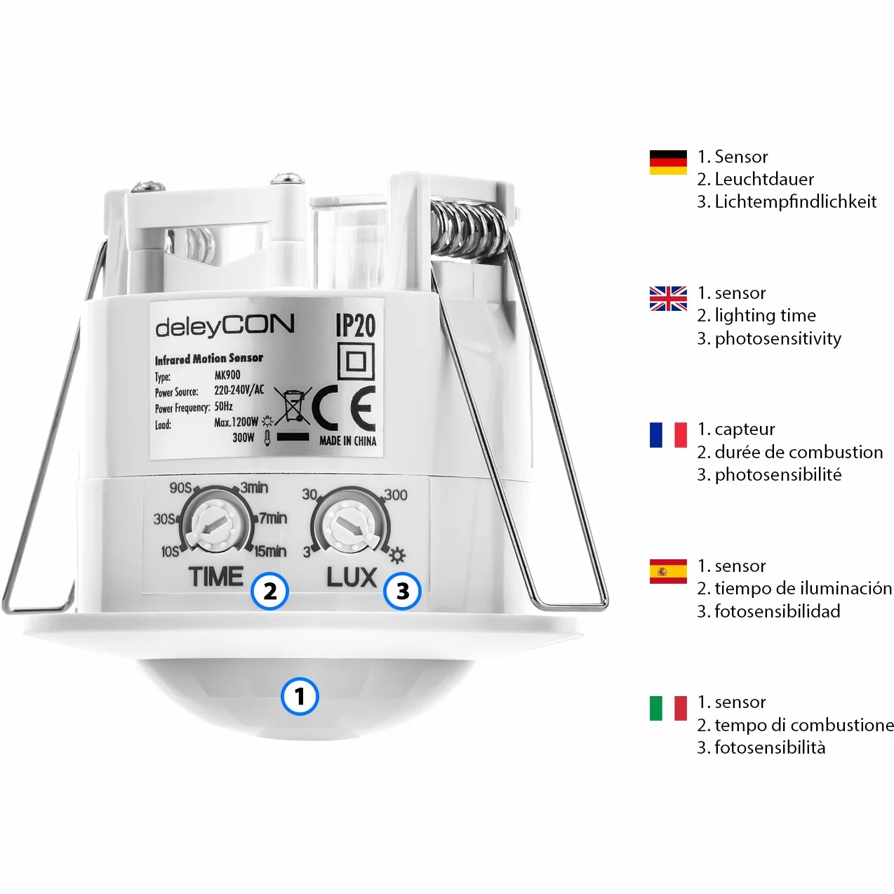 deleyCON 4X Infrarrojos Detector de Movimiento Empotrado 360° 6m Sensor de Luz Blanco