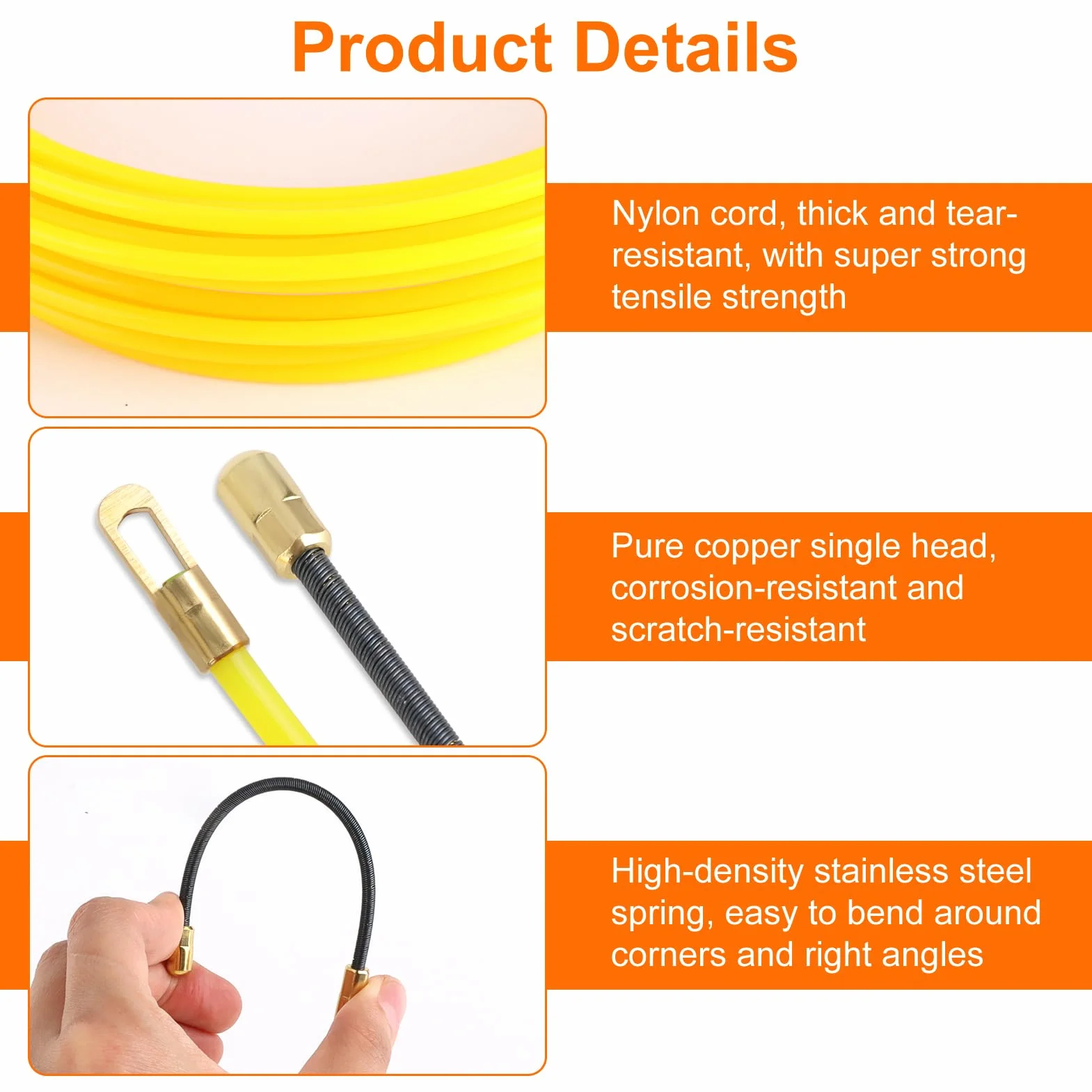 Sacacables eléctrico 10 m, aguja 4 mm, guía cable flexible para conductos paredes techos, instalación eléctrica