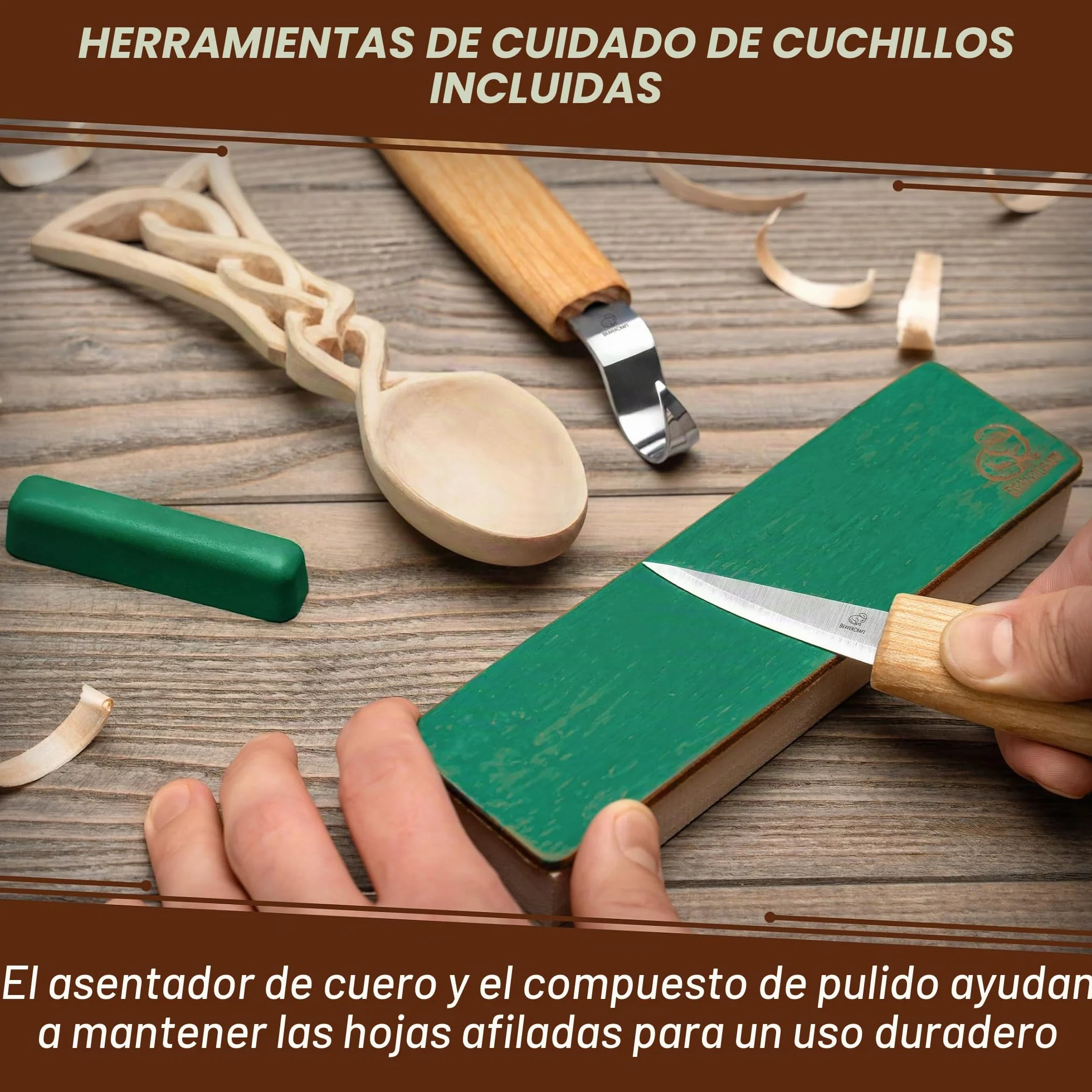 BeaverCraft Kit de Tallado de Cucharas en Madera para Principiantes DIY04 – Cuchillos Sloyd y de Gancho, Bloque de Tilo