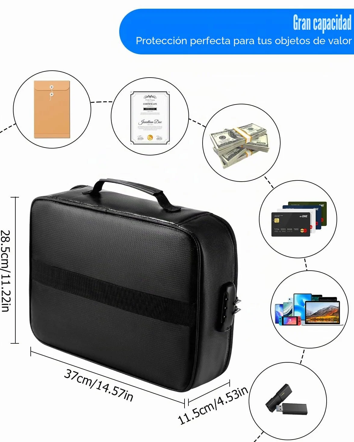 Caja Fuerte Ignífuga con Cerradura, Organizador de Documentos Importantes, Resistente al Agua, Maletín Portátil para Documentos con Bolsa Organizadora de Varias Capas para Archivos, Pasaporte