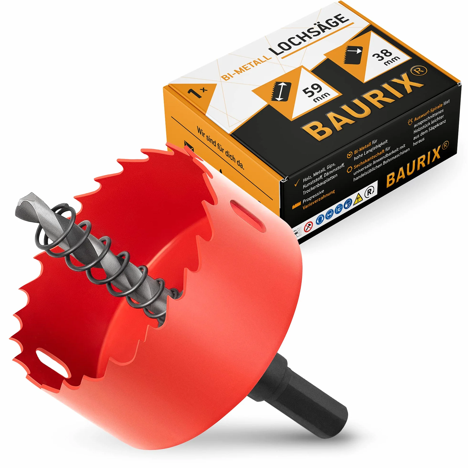 BAURIX® Sierra Corona bimetálica [59mm] I Brocas madera - Broca para agujeros redondos - Coronas Perforadoras para tablaroca, plástico, PVC, metal, madera, etc.