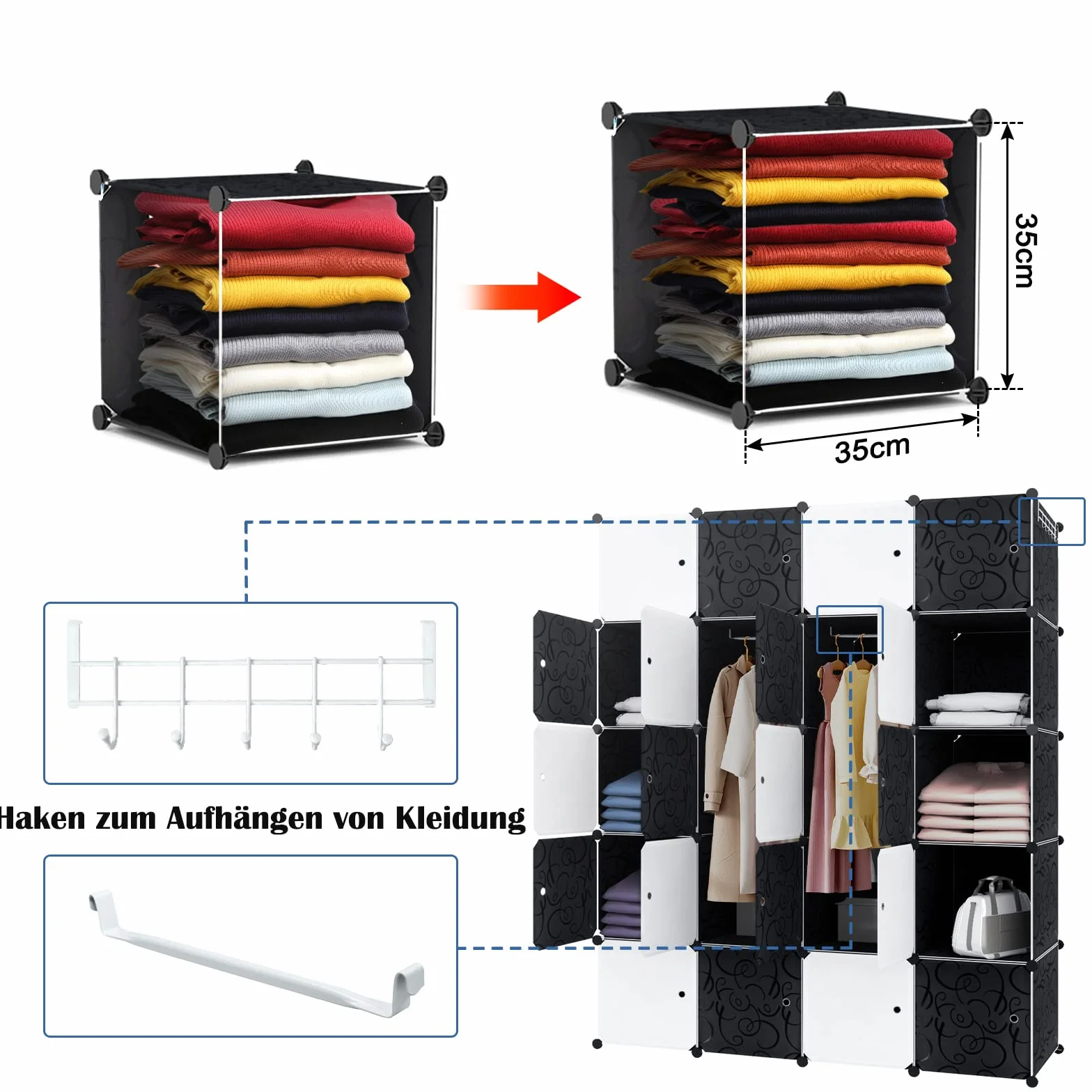 Armario sistema de estanterías con puertas de plástico PP para guardar ropa, libros, 20 cajas con puerta, 2 barras negras