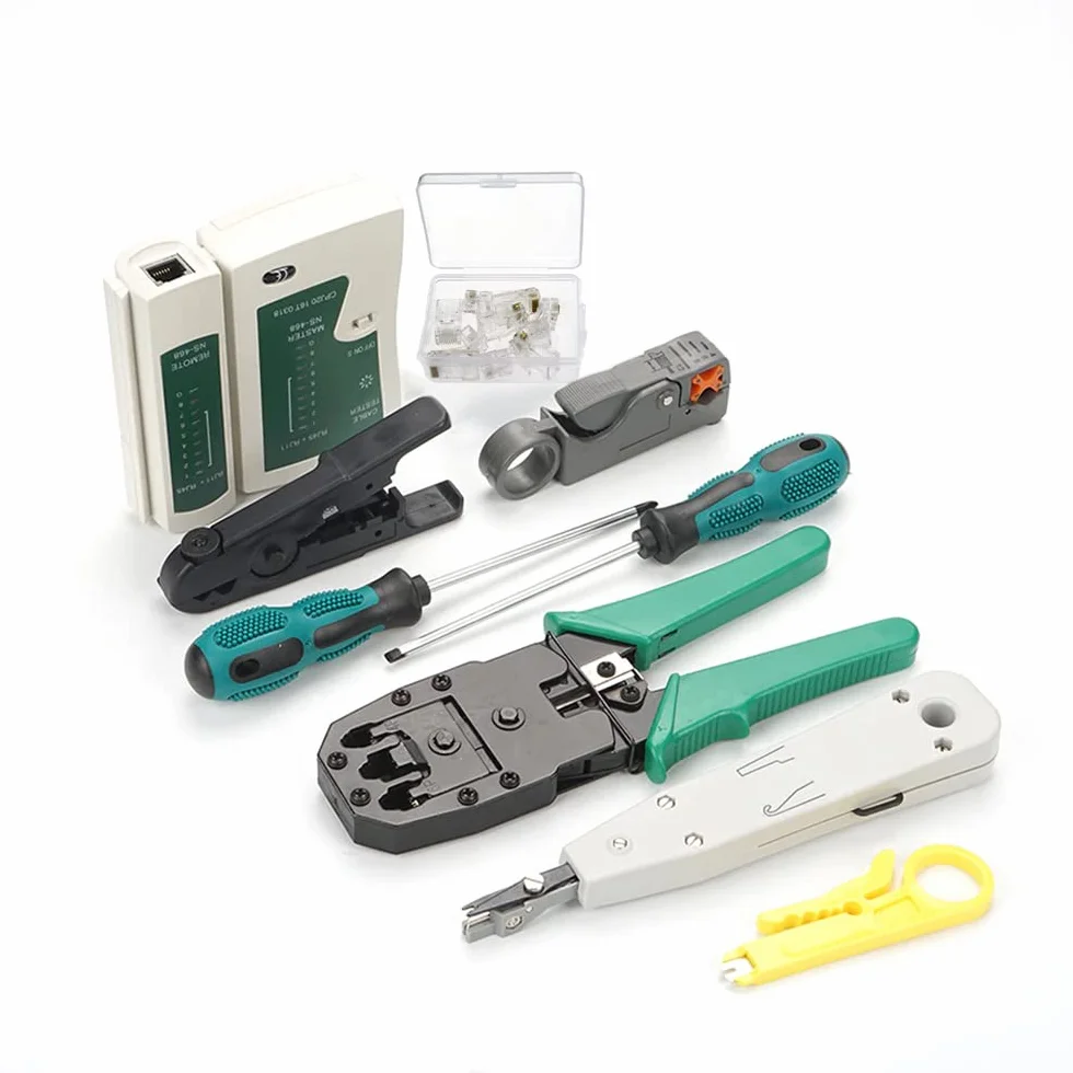 Retoo Juego de herramientas de red profesional 9 en 1, en estuche, comprobador de cables LAN para RJ45, RJ1, kit de comprobación de cables, herramientas de reparación para instalaciones de cables