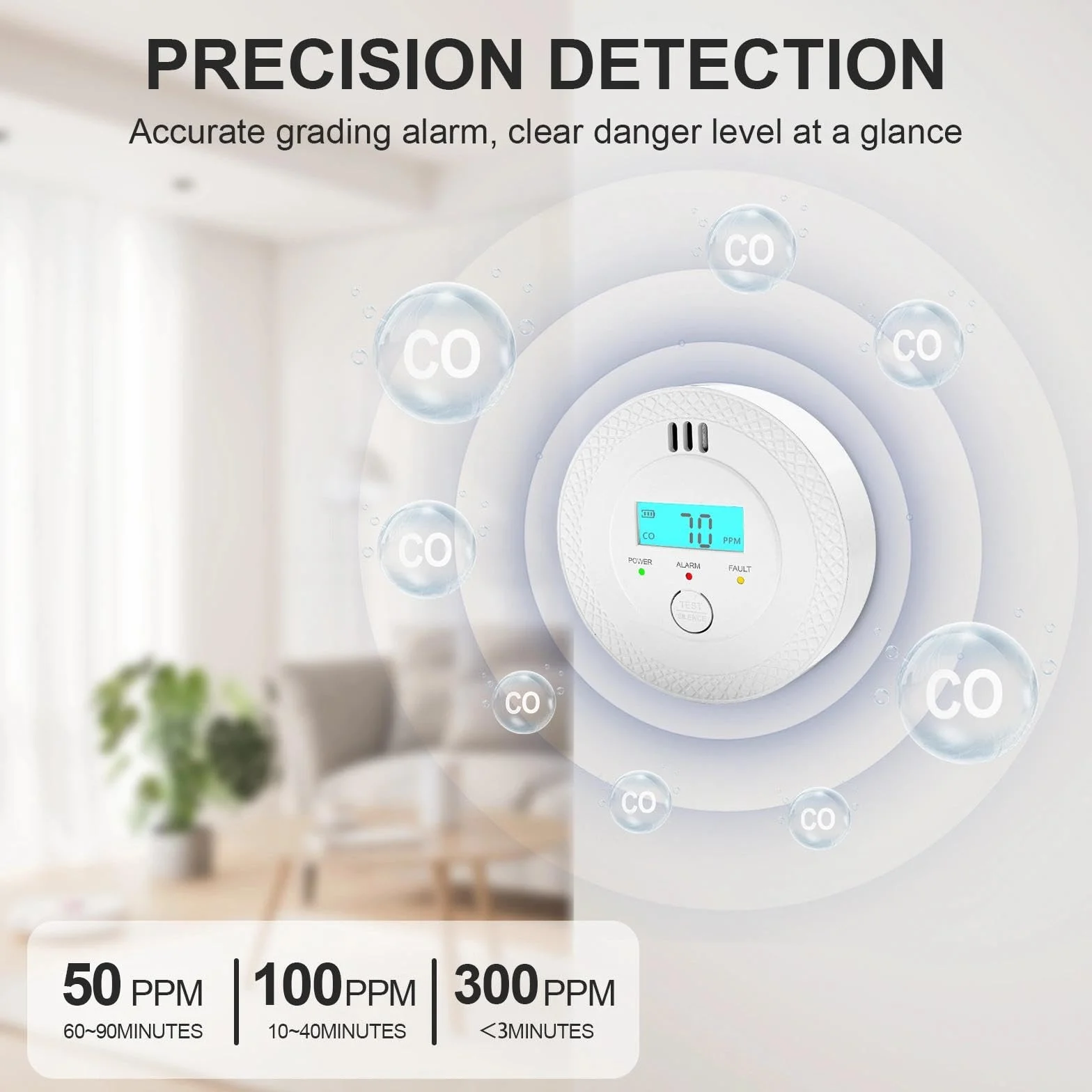 Detector de Monóxido de Carbono, Alarma 85dB, Detector CO con Pantalla LCD, Sensor Electroquímico, Batería, Cumple UL2034, para Hogar/Cocina/Viajes