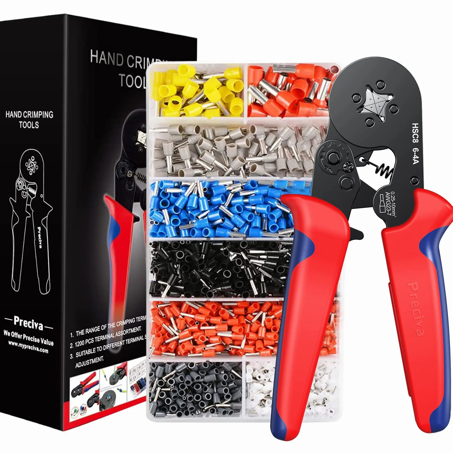Preciva Kit de Crimpadora de Terminales Profesional con 1200 piezas,0.25-10mm²,Alicates para Electricista y Herramientas para Electricista, Engarzadora de Terminales Preaislados