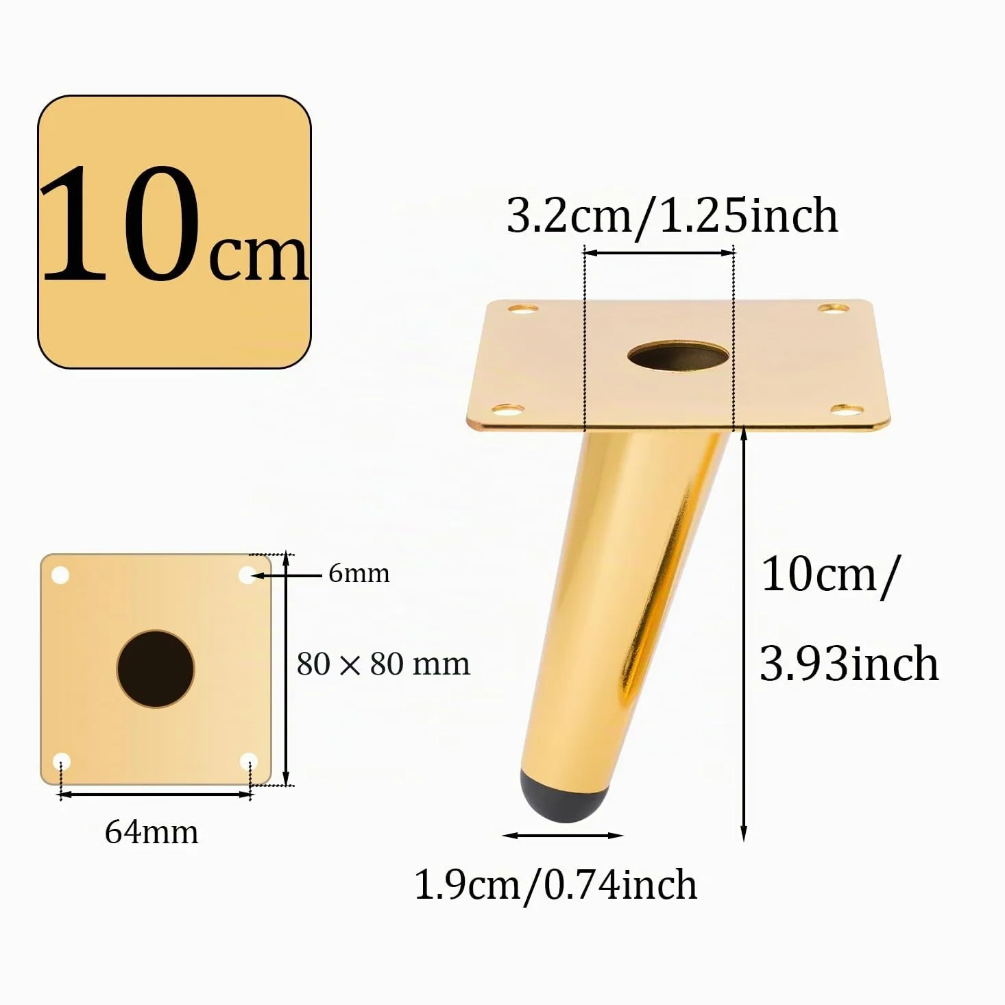 NAKUPENDA Patas de Muebles 4Pcs Patas de Muebles de Cono Inclinado Patas de Armario de Metal Patas de Mesa para Gabinete Silla Mesa de Café Sofá (10cm Altura,Dorado)