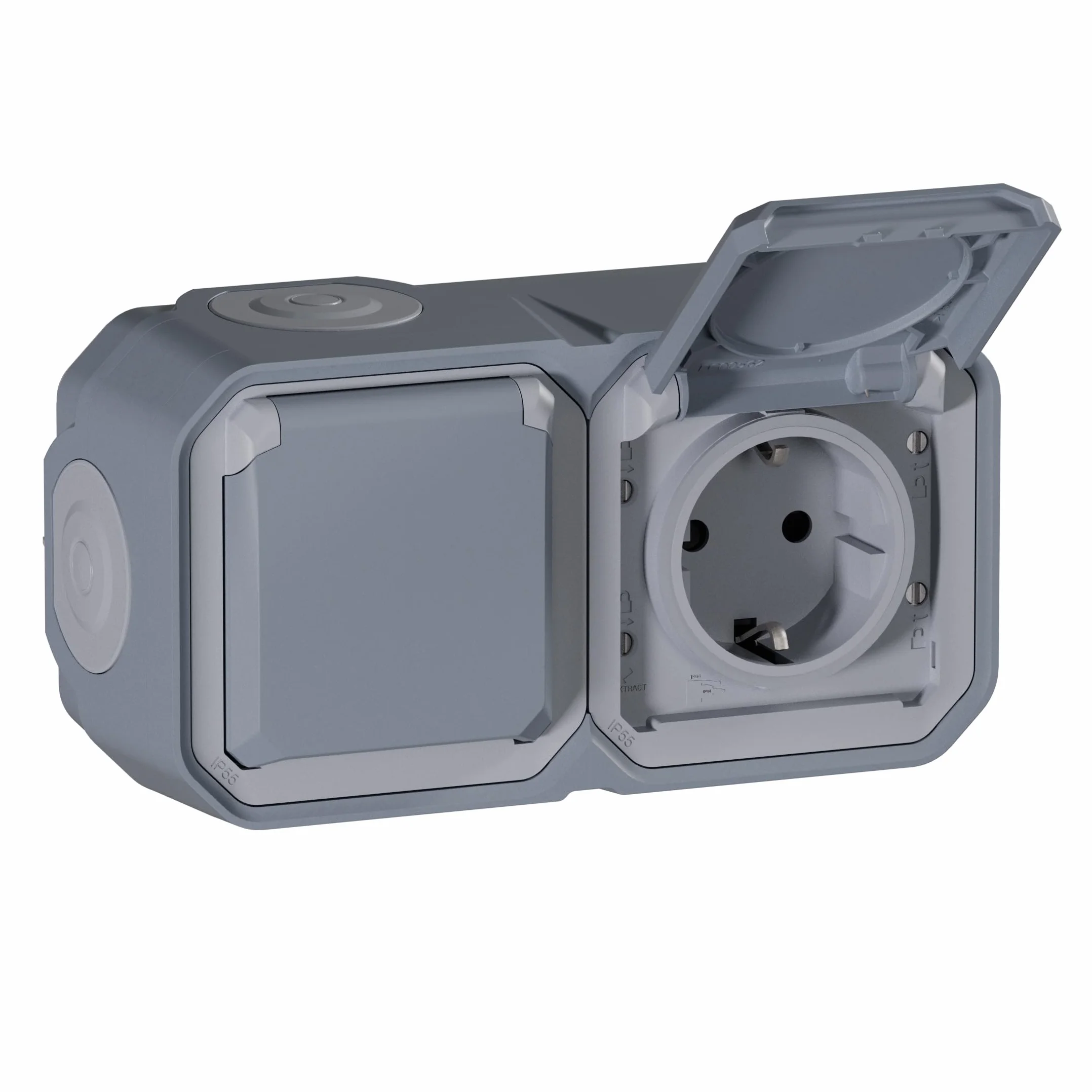 Legrand - Enchufe Doble 2P+T 16A con contacto lateral de tierra - Plexo - Estanco IP55 - Montaje en superficie - Gris - 069742LE