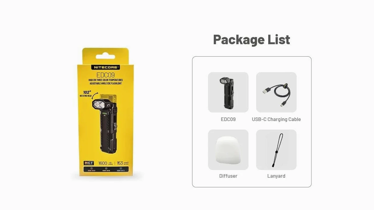 Nitecore EDC09 EDC09 EDC Linterna de alto CRI, tres temperaturas de color, ángulo ajustable, 1600 lúmenes