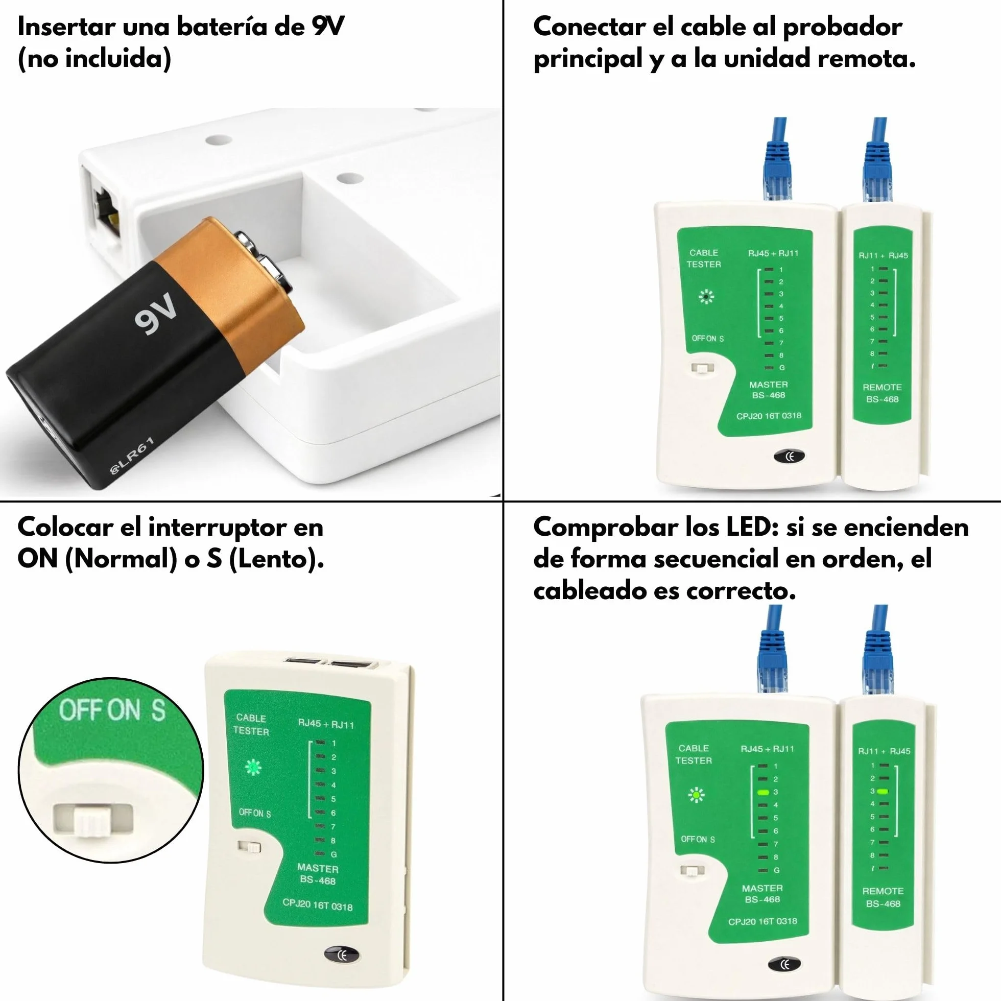 Incutex Comprobador de Cable RJ45 RJ11 Ethernet LAN Cat5 Cat6 Localizador, Kit Probador, Blanco-Verde