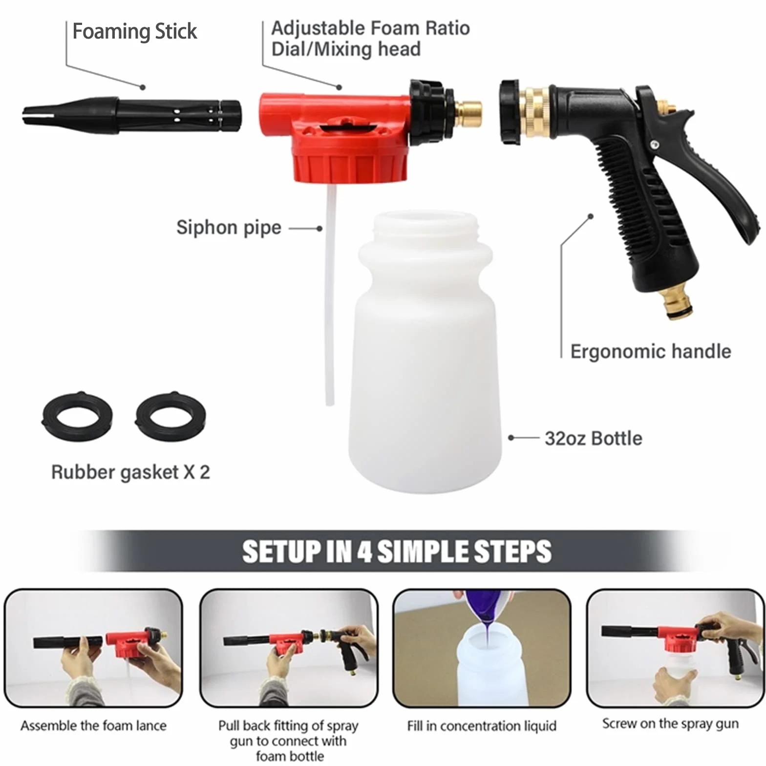 Pistola De Espuma Para Coche, 900 ML 2 en 1 Ajustable Pistola De Espuma Limpiadora, Limpieza Para Coche, Manguera De Jardín Conexión (Rojo)
