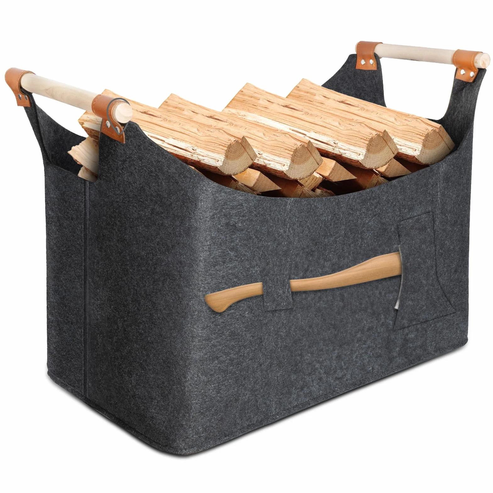 2025 Nuevo Canasta De Leña 55 x 40 x 32 cm 70L, El hacha se puede colocar, Cestas De Fieltro Súper Gruesas Y Manijas De Madera Maciza, Cesto Leña, Fieltro De Bolsa De Leña Plegable