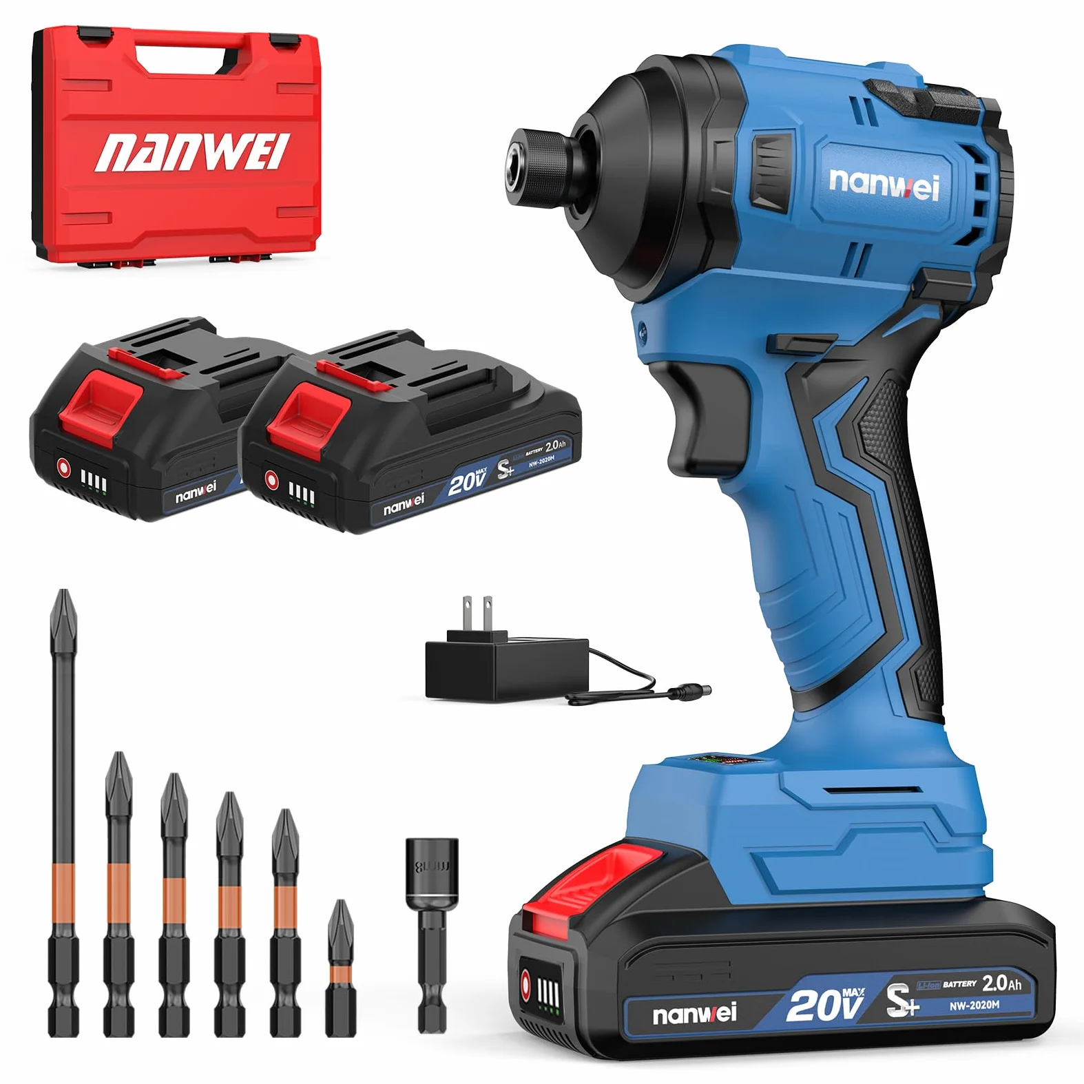 NANWEI Atornillador de impacto con batería de 1/4 pulgadas, 240 Nm, rotación inversa con modo de parada automática, 4 marchas, atornillador de impacto sin escobillas, destornillador de impacto sin
