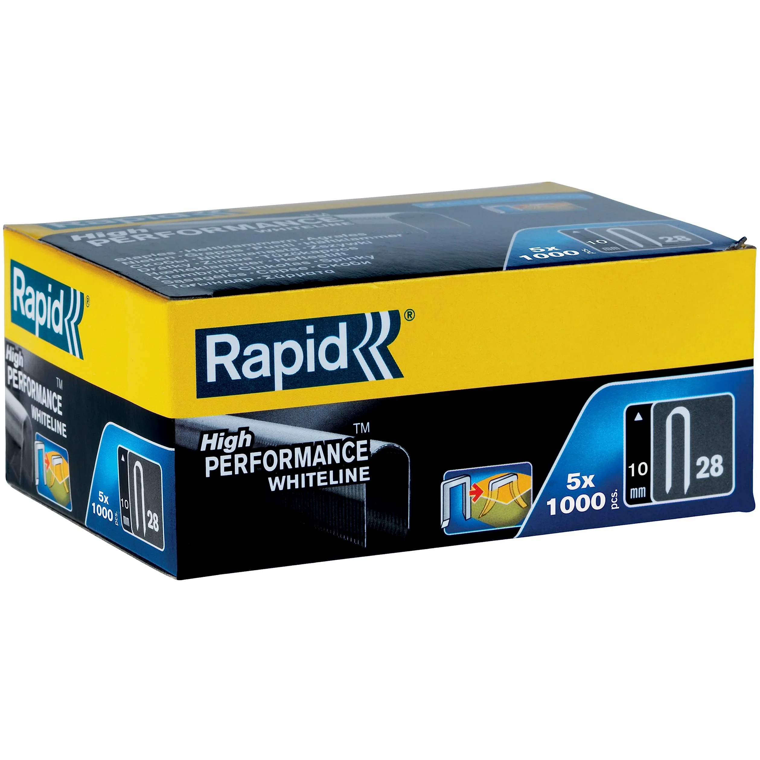 Rapid Caja de Grapas de Corona Redondeada con Recubrimiento Blanco para Cables de Bajo Voltaje N.º28 de Acero Galvanizado, 10 mm – 5 x 1.000 Grapas