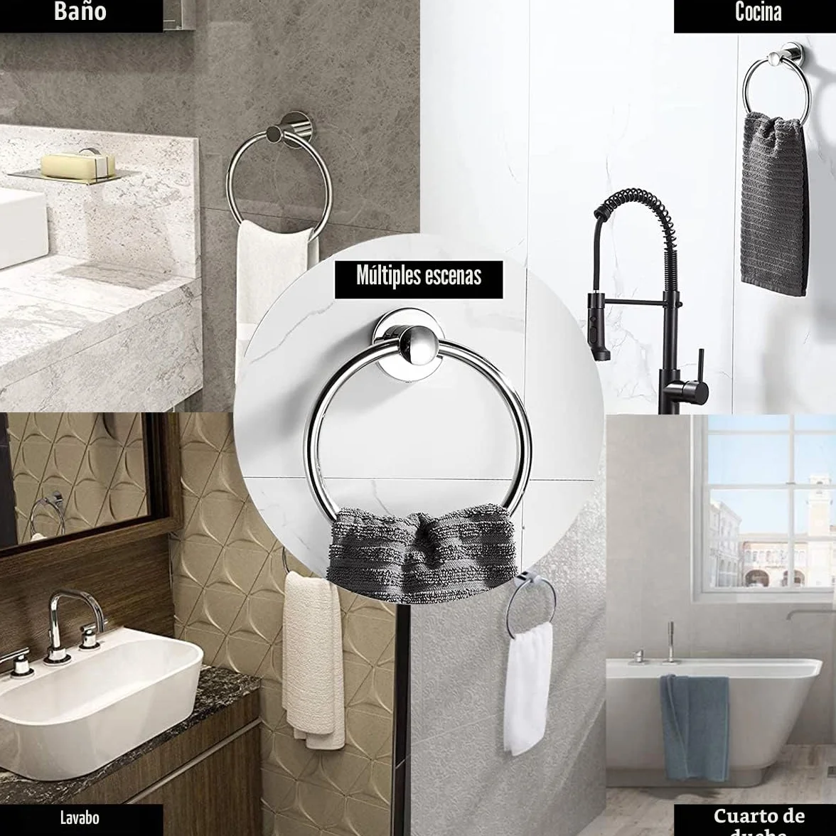 Toallero de pared acero inoxidable 304 cromado anillo toalla redondo baño cocina acabado cepillado