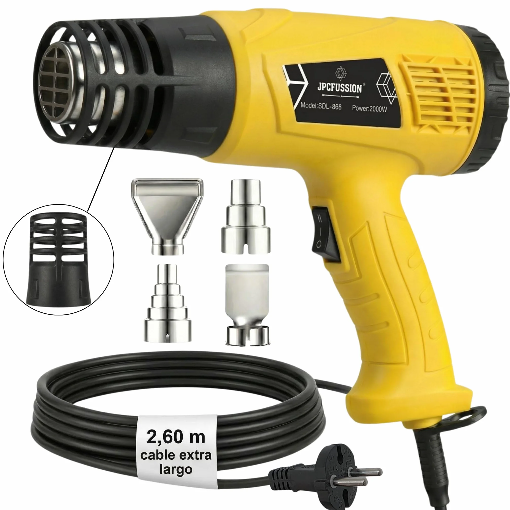 Pistola de Calor 2000W | 2 Niveles de Temperatura 400–600 °C | Pistola de Aire Caliente KIT PREMIUM con Protector Anti-Quemaduras y 4 Boquillas | Manual en Español