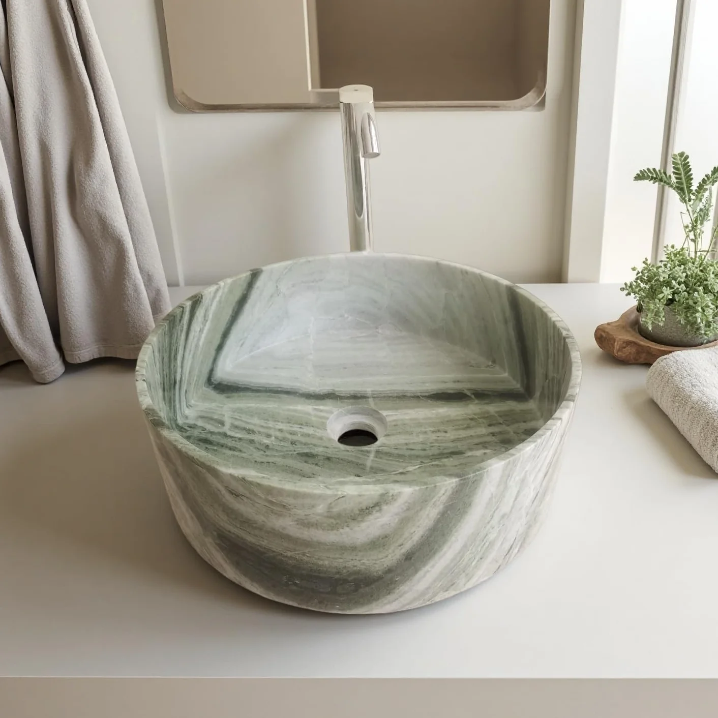 Raggio Verde Stone Sangarila - Fregadero de piedra de mármol verde, redondo, 15.7 x 4.7 pulgadas