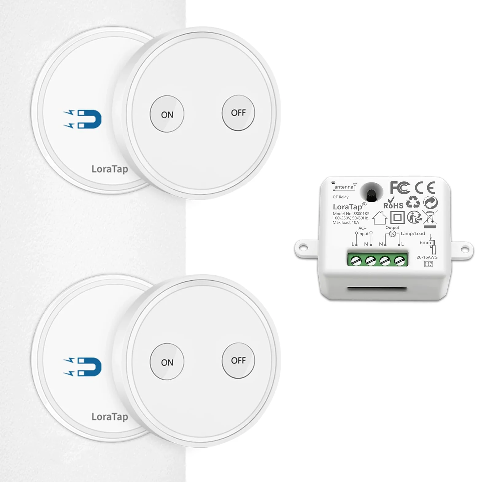 Kit de Interruptor Inalámbrico LoraTap para Luces y Electrodomésticos - Receptor de Alta Potencia 2500W 10A, Alcance Largo hasta 200m, Incluye 2 Mandos a Distancia + 1 Relé