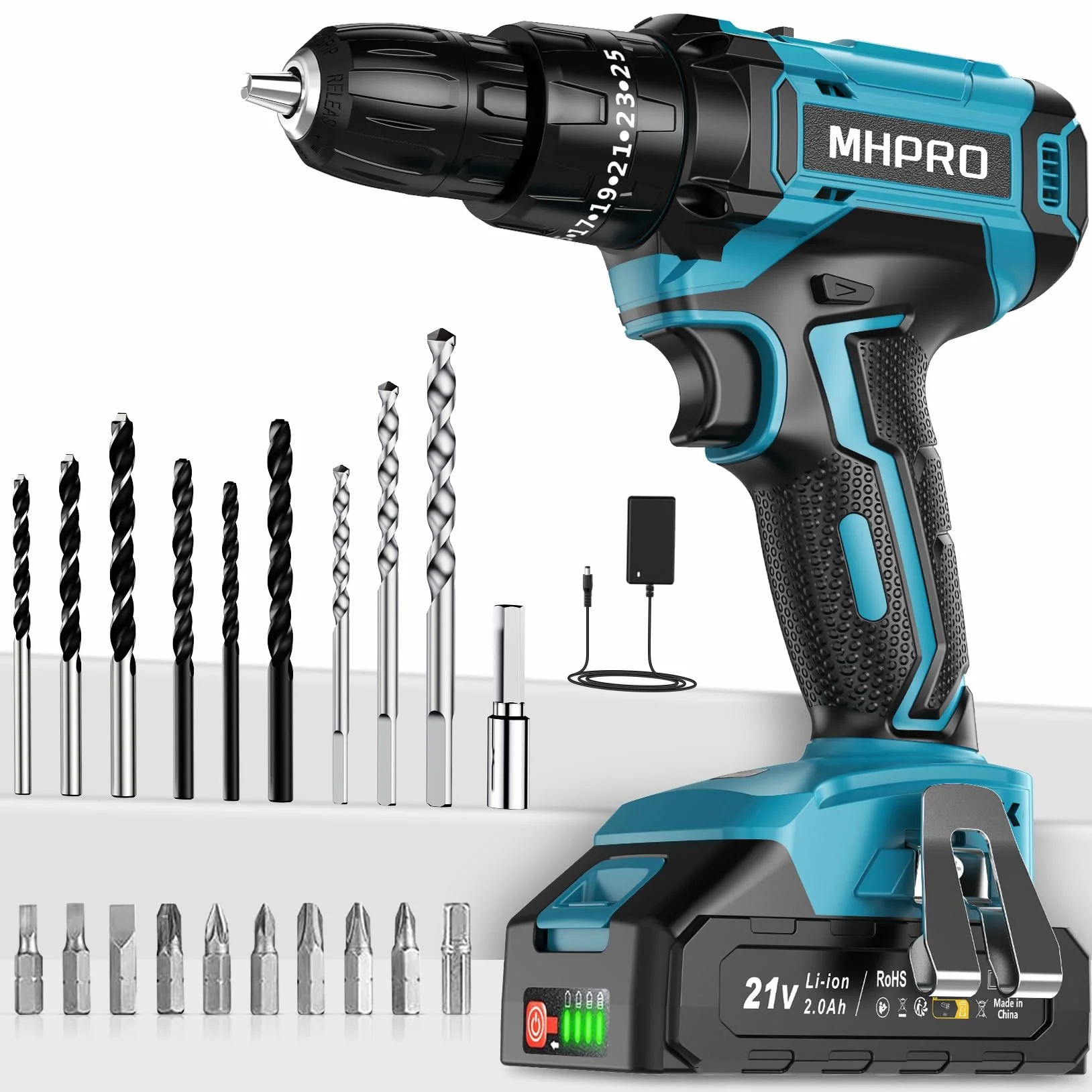 MHPRO Taladro Percutor a Bateria 21V, Taladro Atornillador Bateria, 42N.m Atornillador Electrico con Batería 2.0Ah, 25+3 Ajuste de Par, 24 Accesorios, 2 Velocidad, LED Luz Para Hogar, Bricolaje